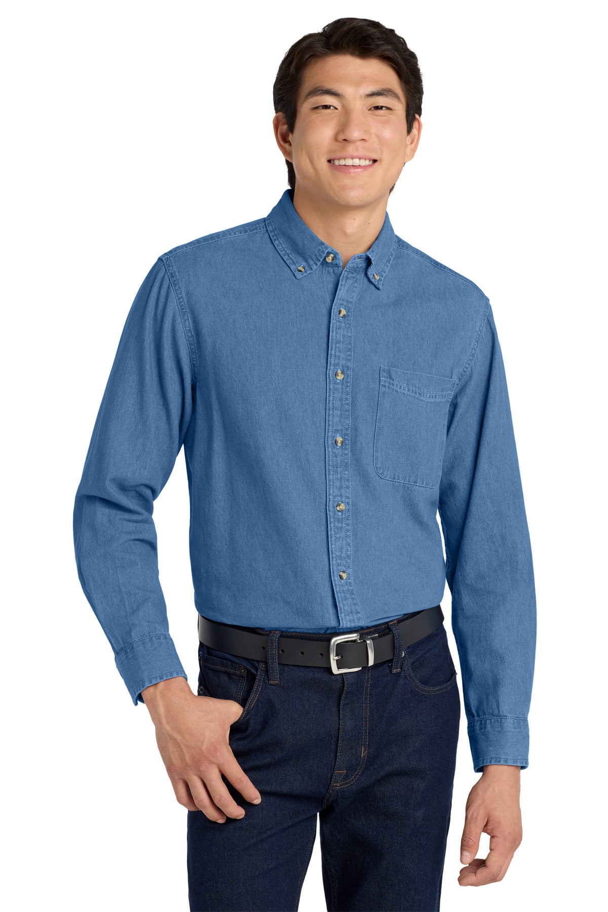 Custom Faded Blue Tall Long Sleeve Denim Shirt TLS600, personalized by SanCanDo Swag in Argyle, TX