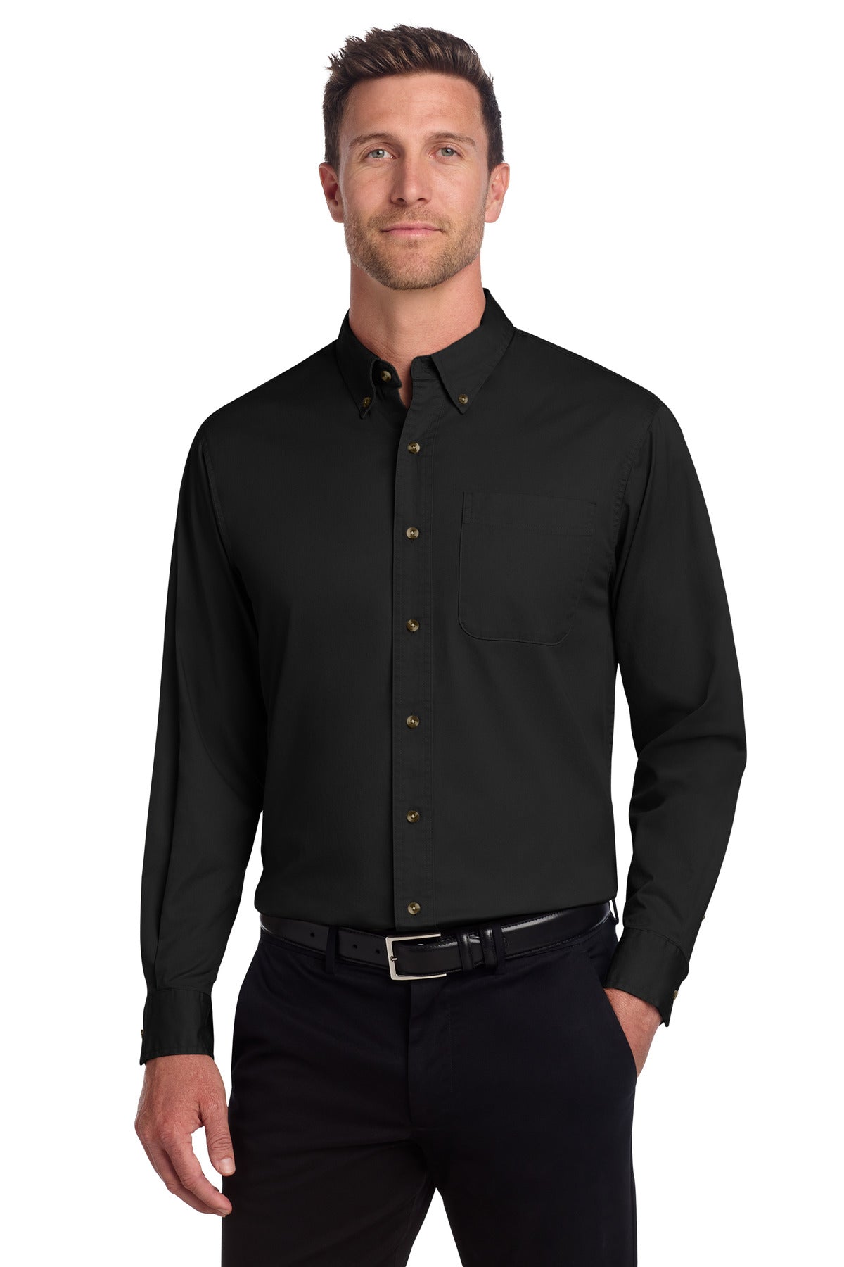 Custom Black Tall Long Sleeve Twill Shirt TLS600T, personalized by SanCanDo Swag in Argyle, TX