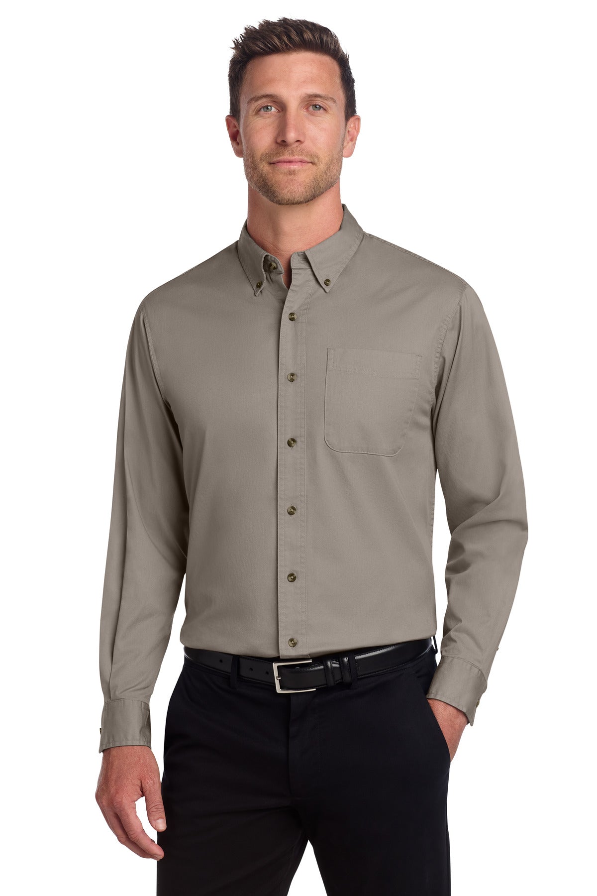 Custom Khaki Tall Long Sleeve Twill Shirt TLS600T, personalized by SanCanDo Swag in Argyle, TX