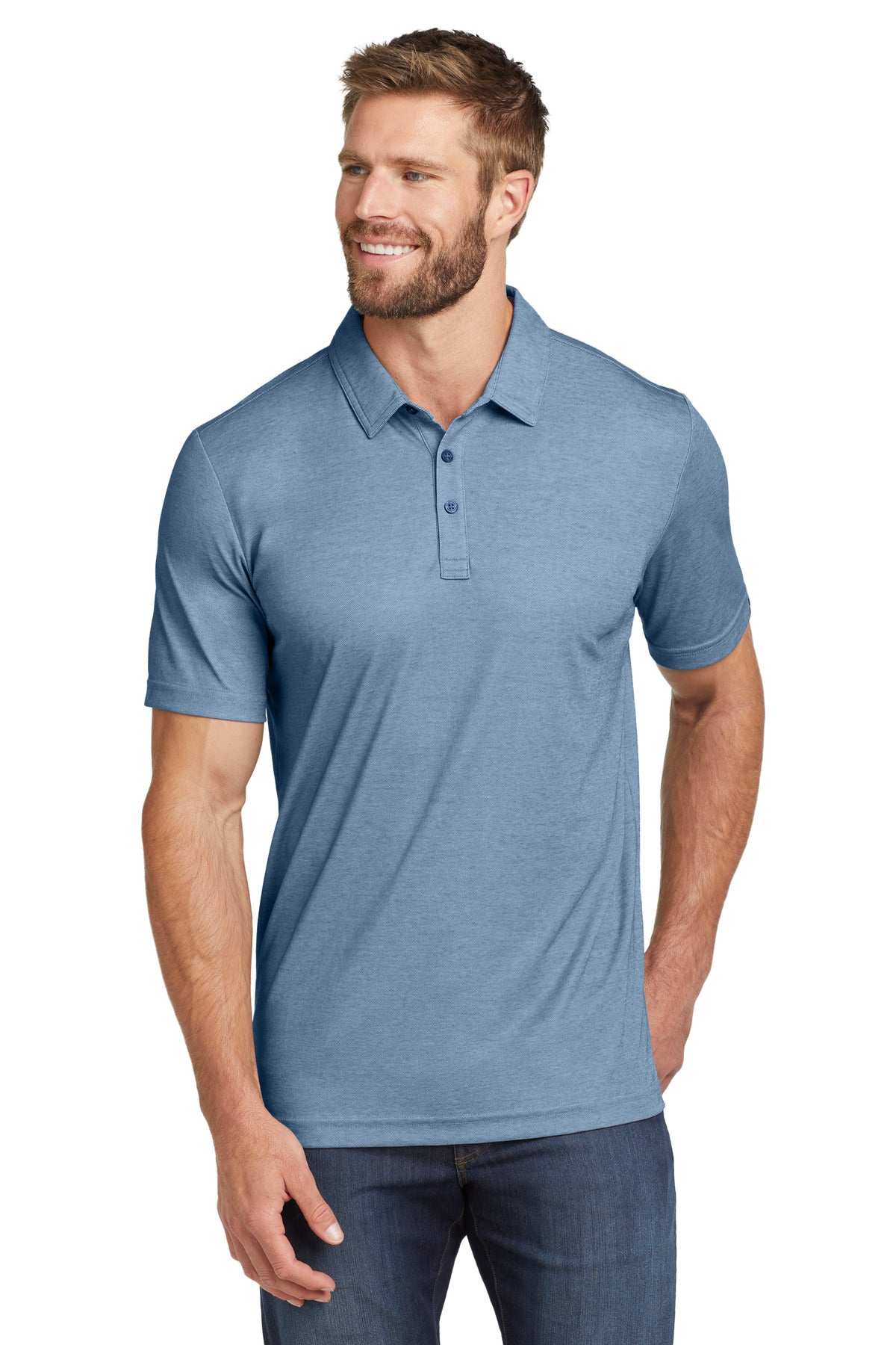 Custom Classic Blue Heather Oceanside Heather Polo TM1MU412, personalized by SanCanDo Swag in Argyle, TX