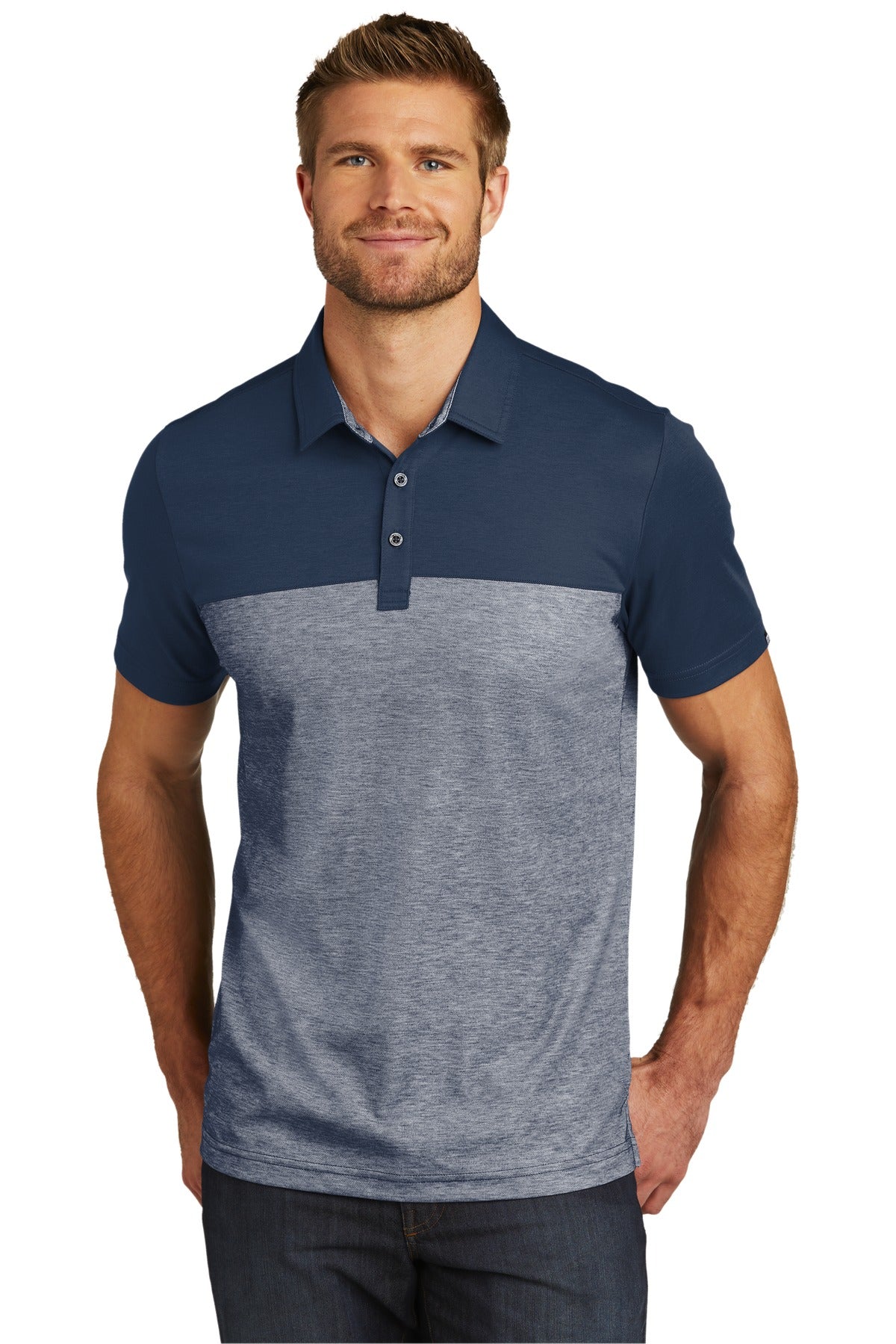 Custom Blue Nights/ Blue Nights Heather Oceanside Blocked Polo TM1MU414, personalized by SanCanDo Swag in Argyle, TX