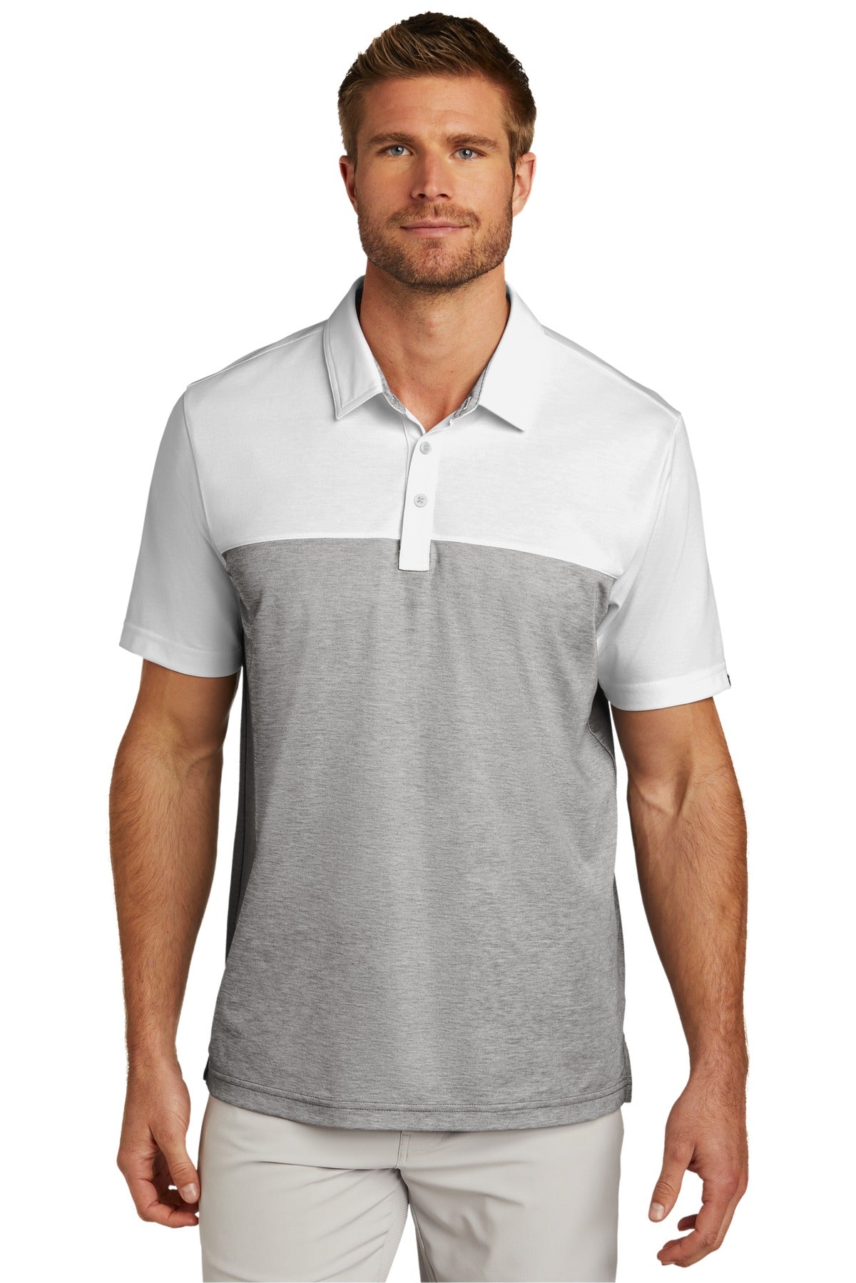 Custom White/ Quiet Shade Grey Heather Oceanside Blocked Polo TM1MU414, personalized by SanCanDo Swag in Argyle, TX