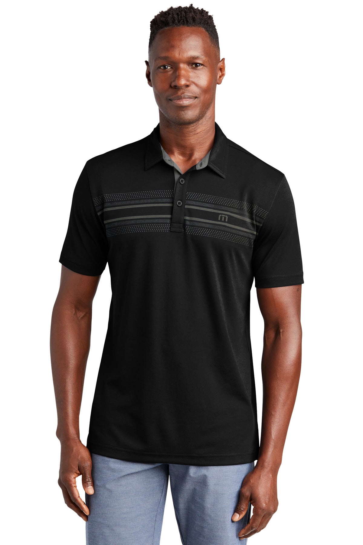 Custom Black Monterey Chest Stripe Polo TM1MW450, personalized by SanCanDo Swag in Argyle, TX