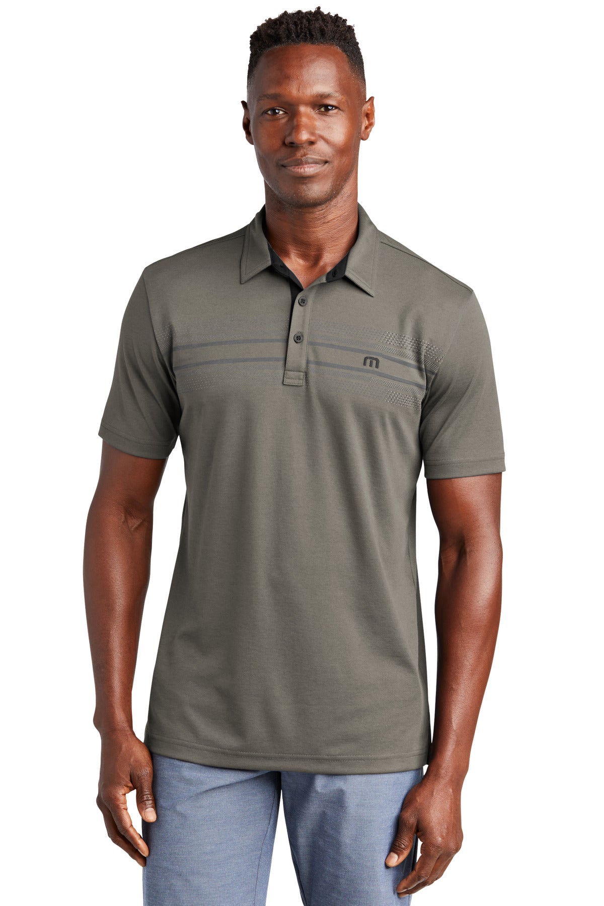 Custom Quiet Shade Grey Monterey Chest Stripe Polo TM1MW450, personalized by SanCanDo Swag in Argyle, TX