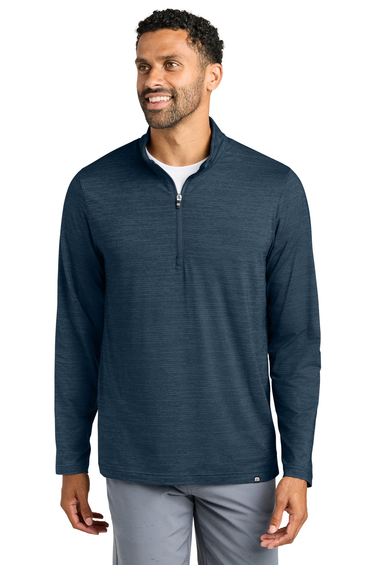 Custom Vintage Indigo Heather Crestview 1/4-Zip TM1MW452, personalized by SanCanDo Swag in Argyle, TX