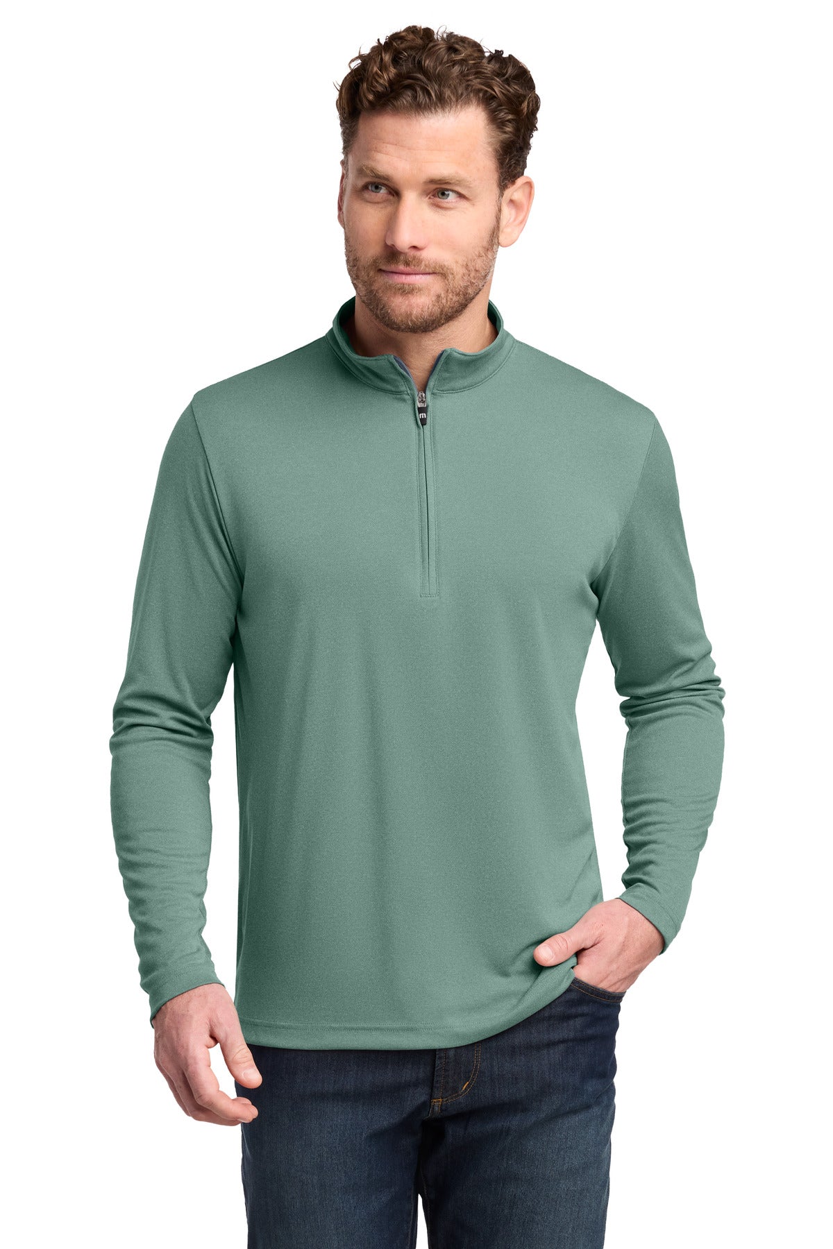 Custom Beryl Green Heather Coto Performance 1/4-Zip TM1MY397, personalized by SanCanDo Swag in Argyle, TX