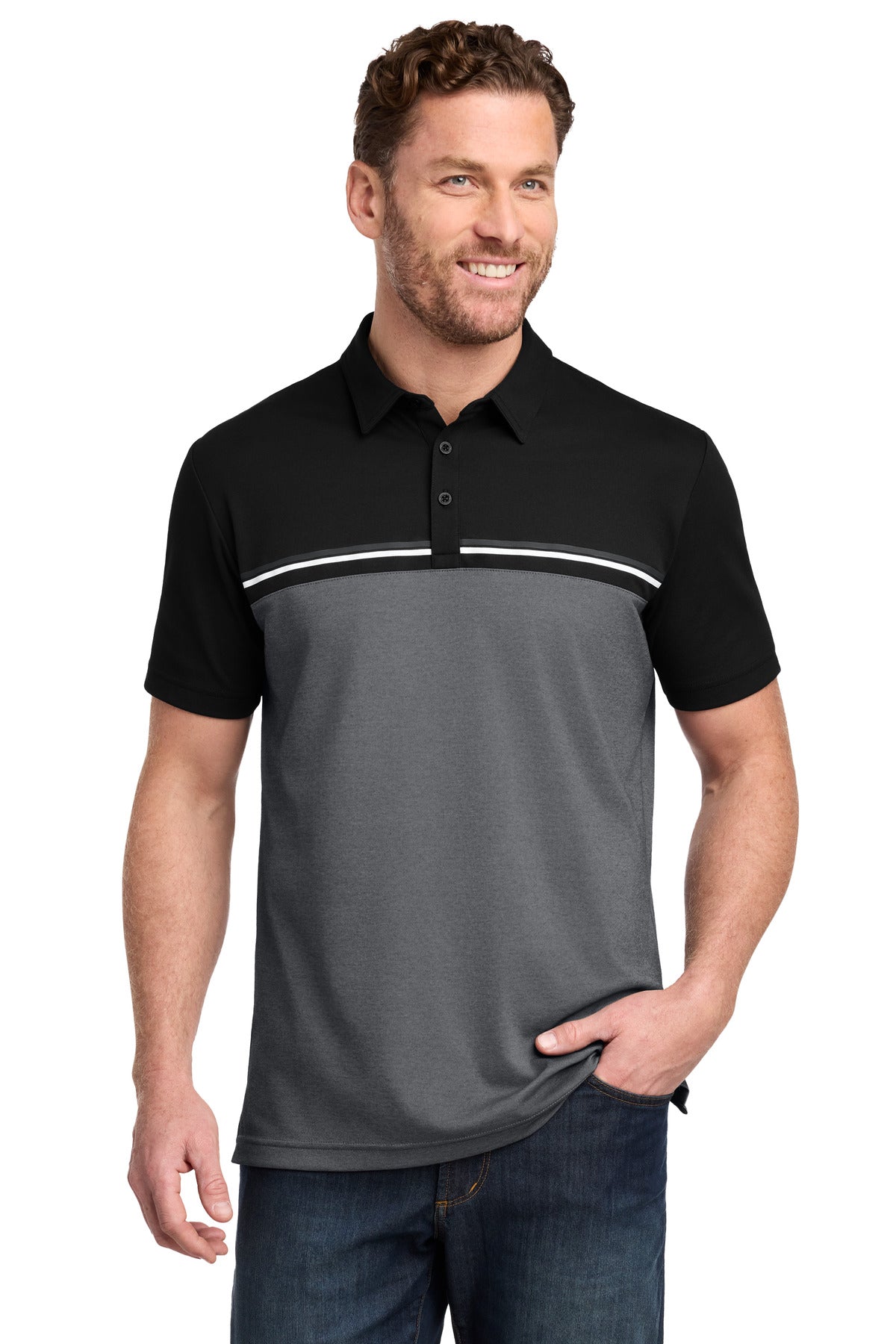 Custom Black/ Dark Grey Heather Sunset Blocked Polo TM1MY401, personalized by SanCanDo Swag in Argyle, TX