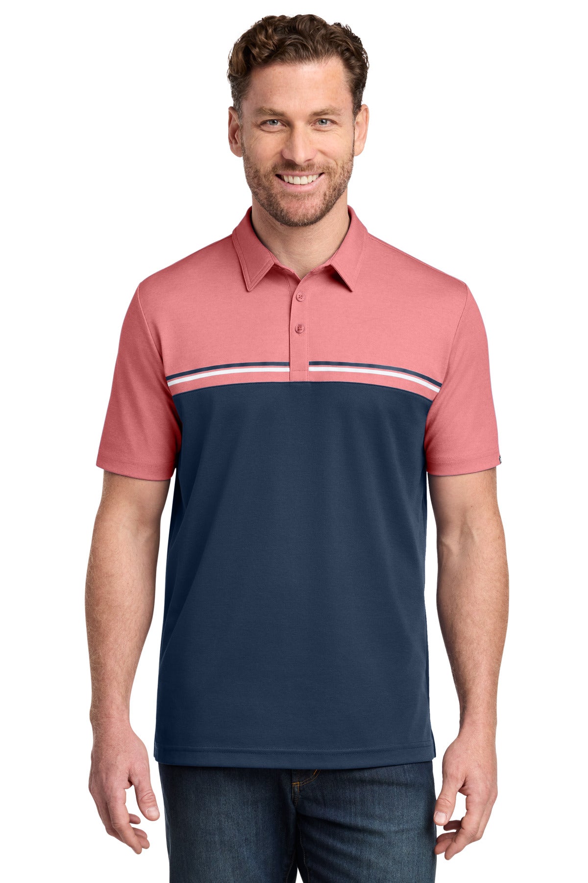 Custom Cardinal Heather/ Blue Nights Sunset Blocked Polo TM1MY401, personalized by SanCanDo Swag in Argyle, TX