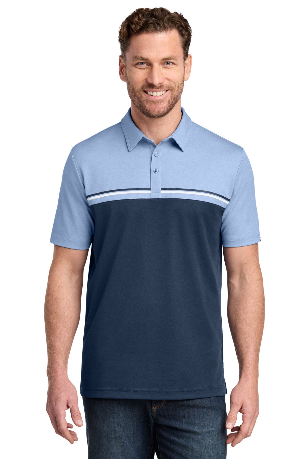 Custom Riviera Heather/ Blue Nights Sunset Blocked Polo TM1MY401, personalized by SanCanDo Swag in Argyle, TX