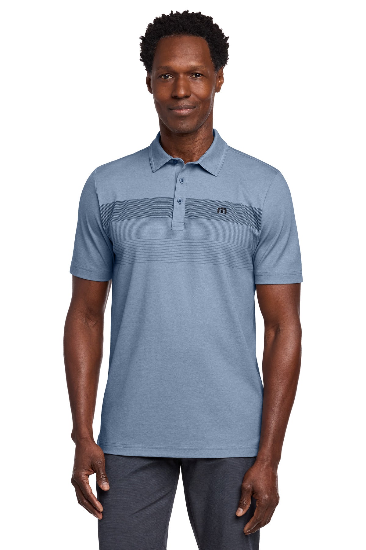 Custom Opal Blue Heather Coastal Chest Stripe Polo TM1MY402, personalized by SanCanDo Swag in Argyle, TX