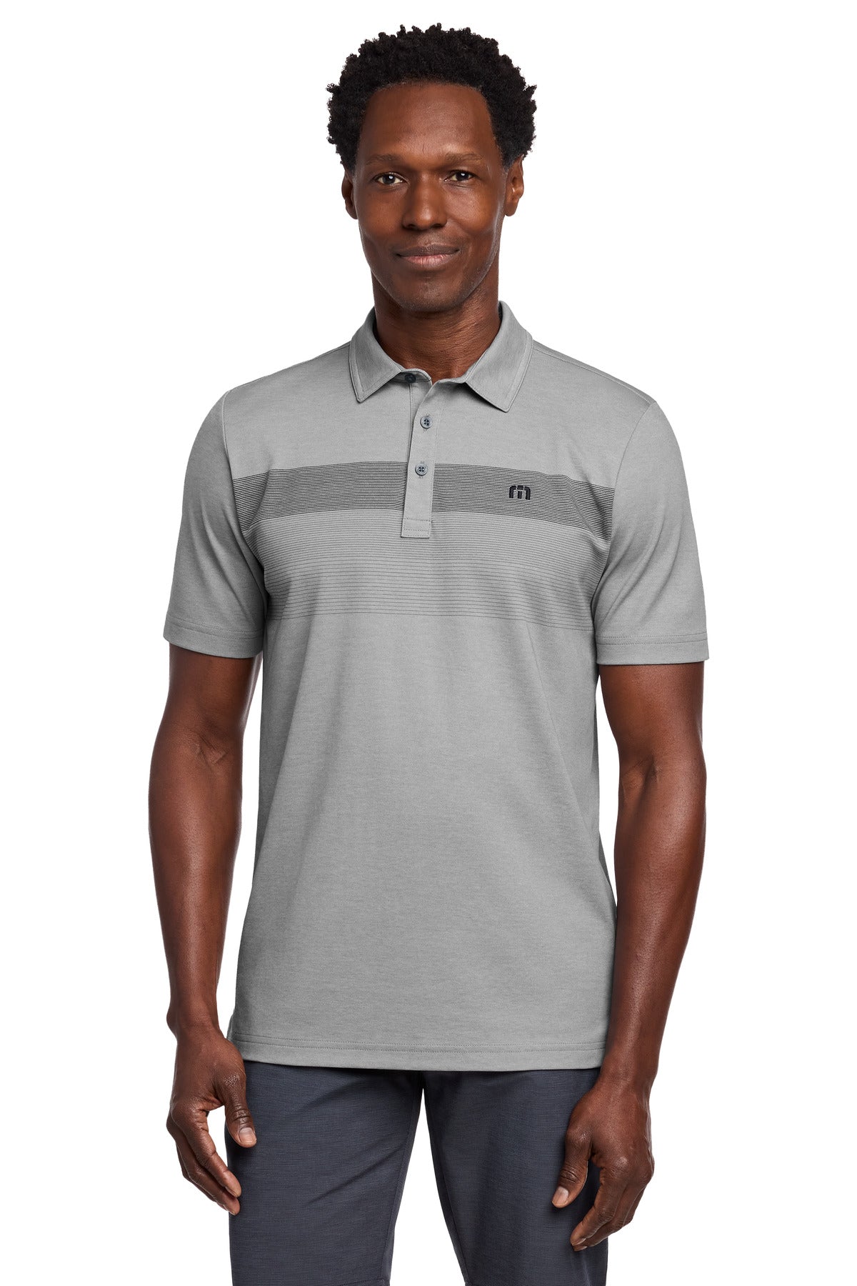 Custom Quiet Shade Grey Heather Coastal Chest Stripe Polo TM1MY402, personalized by SanCanDo Swag in Argyle, TX