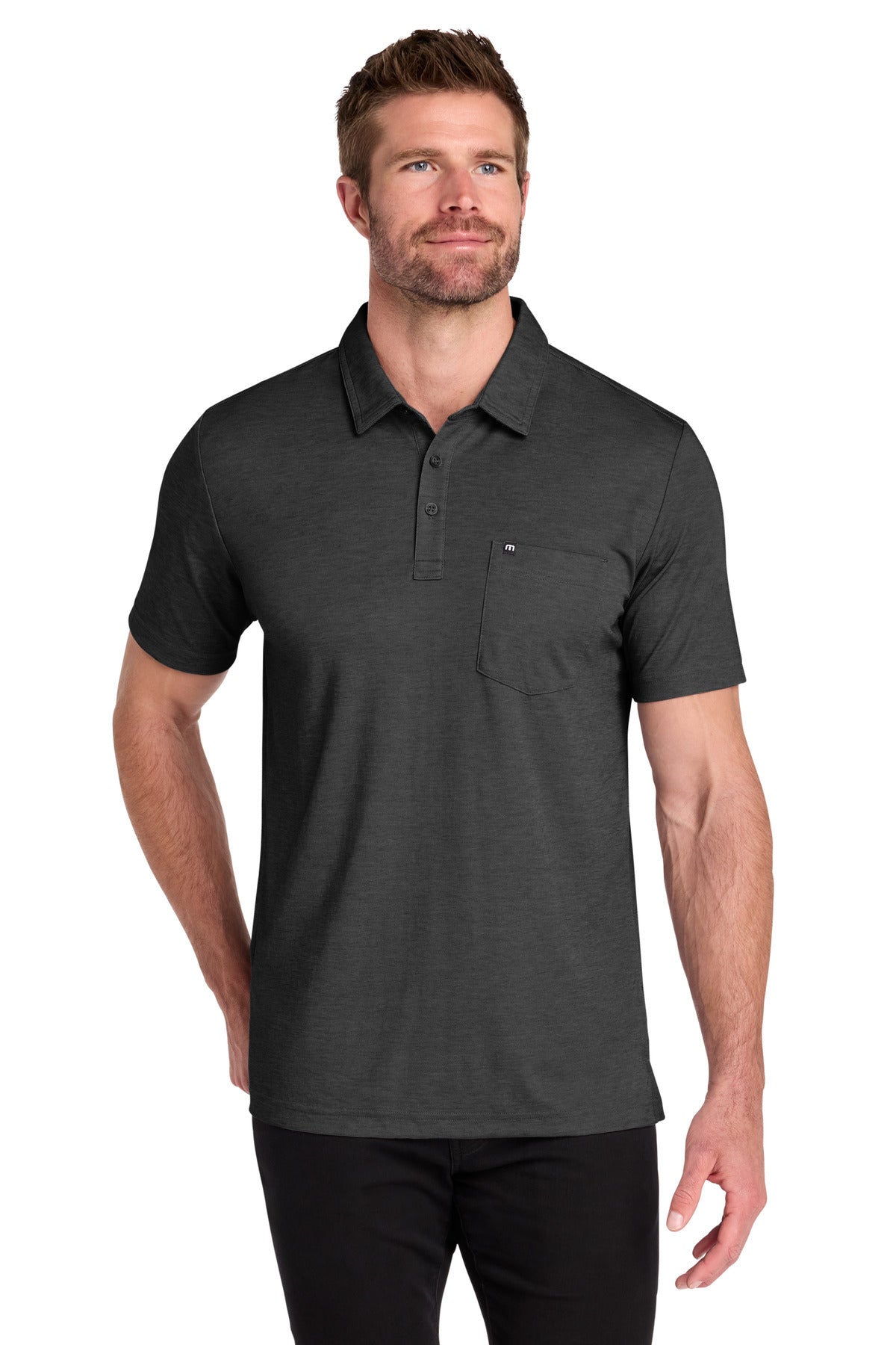 Custom Black Heather Oceanside Heather Pocket Polo TM1MY404, personalized by SanCanDo Swag in Argyle, TX
