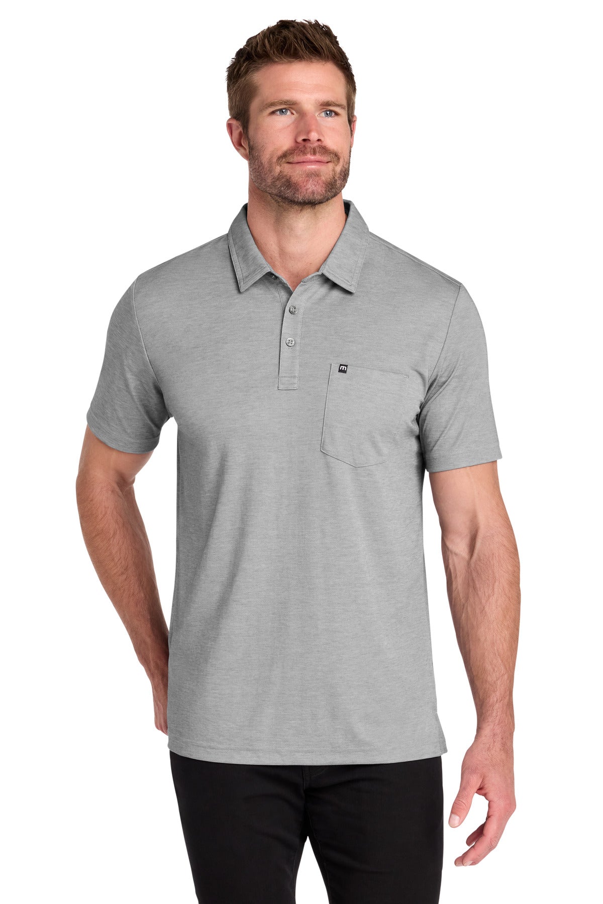 Custom Quiet Shade Grey Heather Oceanside Heather Pocket Polo TM1MY404, personalized by SanCanDo Swag in Argyle, TX