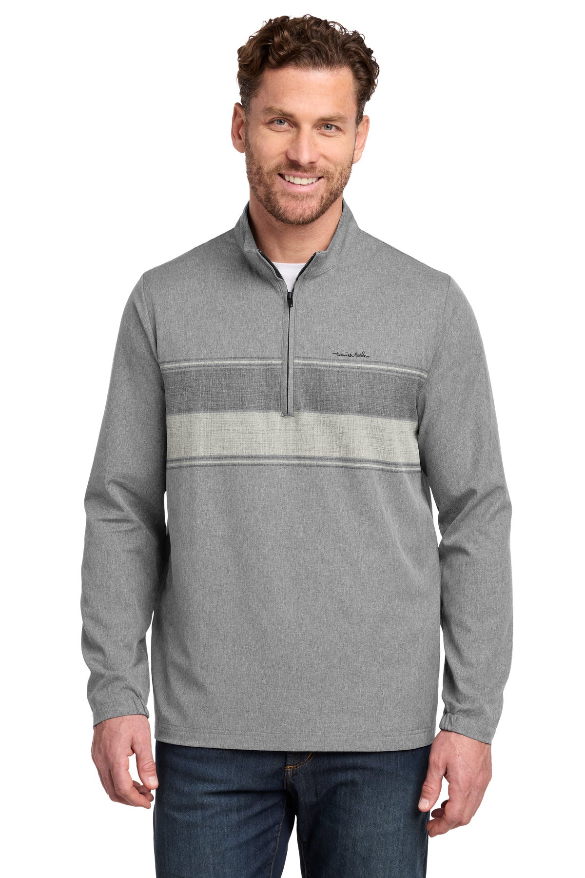 Custom Dark Grey Heather Balboa Chest Stripe 1/4-Zip TM1MZ340, personalized by SanCanDo Swag in Argyle, TX