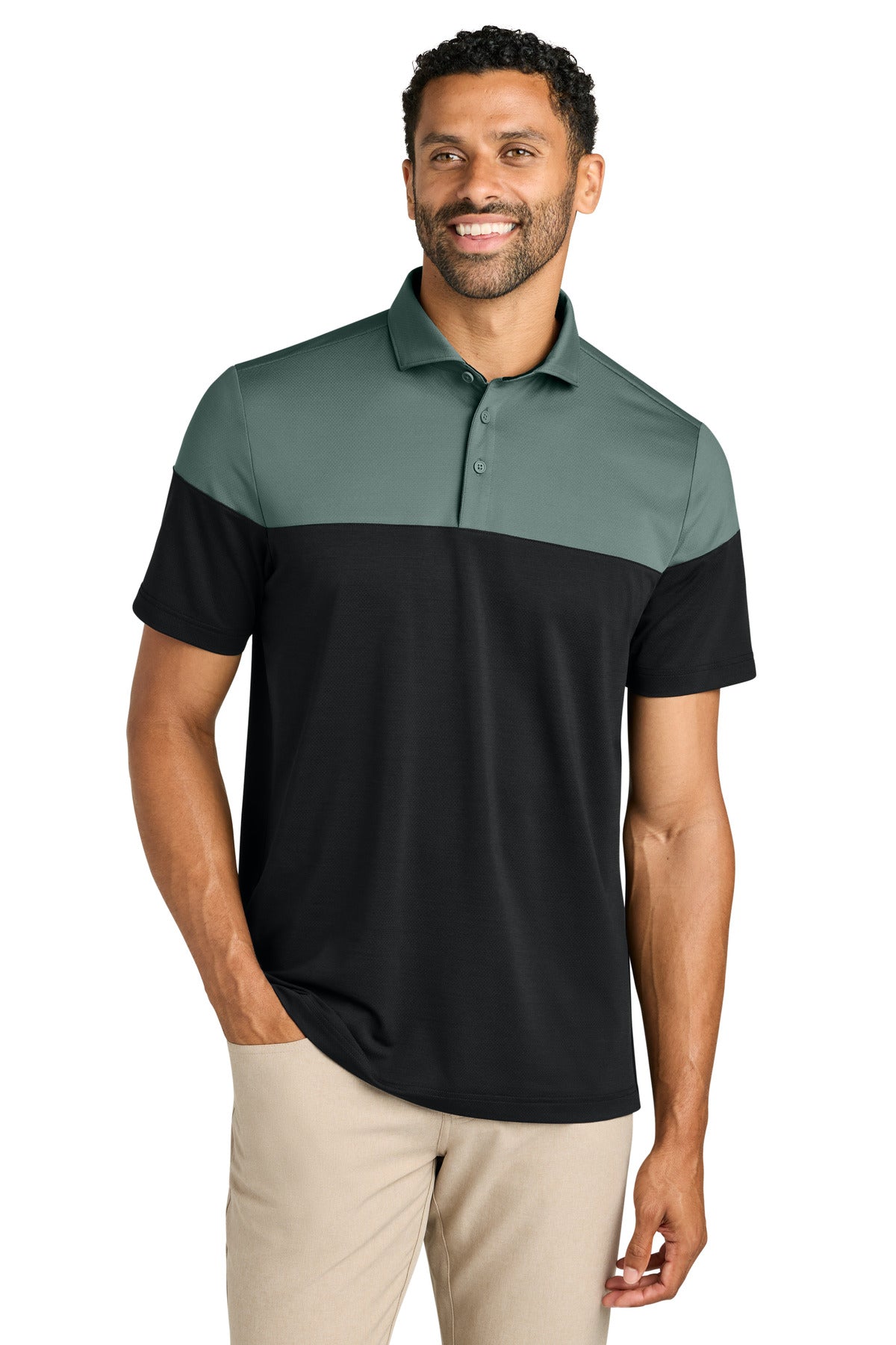 Custom Balsam Green/ Black Onward Colorblock Polo TMA42774, personalized by SanCanDo Swag in Argyle, TX
