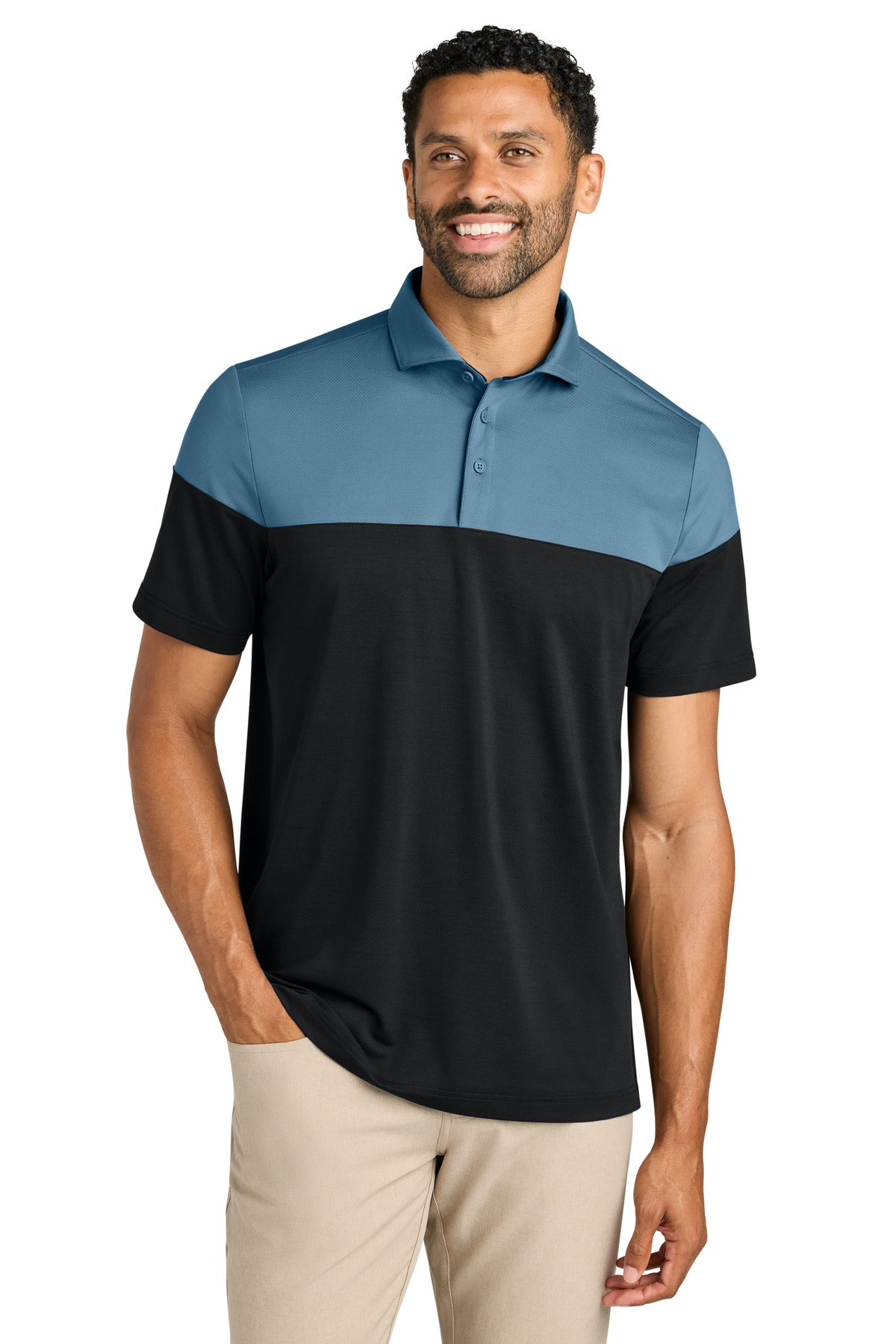 Custom Copen Blue/ Black Onward Colorblock Polo TMA42774, personalized by SanCanDo Swag in Argyle, TX