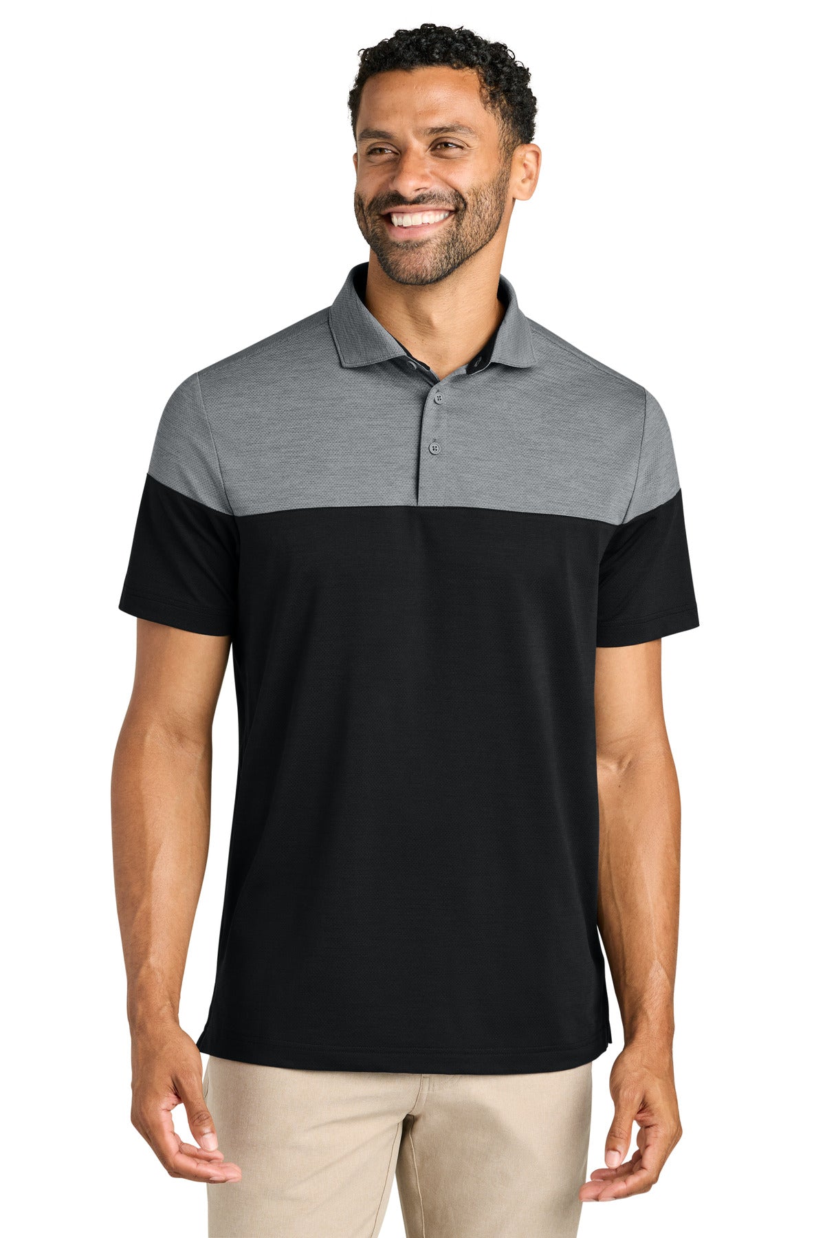 Custom Quiet Shade Grey Heather/ Black Onward Colorblock Polo TMA42774, personalized by SanCanDo Swag in Argyle, TX
