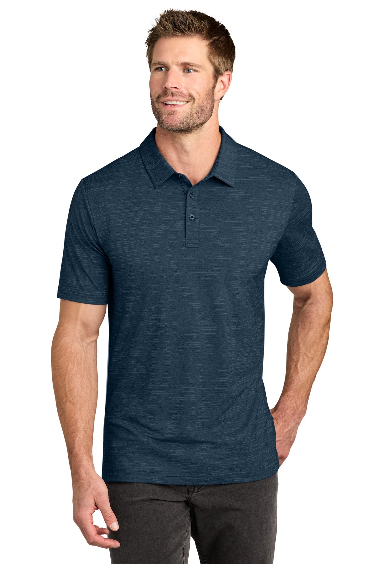 Custom Vintage Indigo Heather Crestview Polo TMA46371, personalized by SanCanDo Swag in Argyle, TX