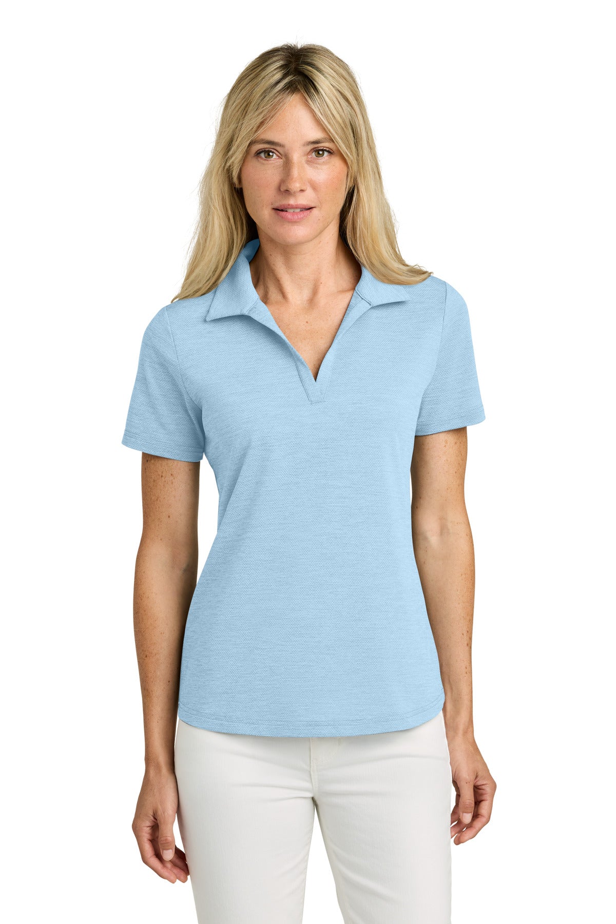 Custom Airy Blue Heather Women's Onward Polo TMA46416, personalized by SanCanDo Swag in Argyle, TX