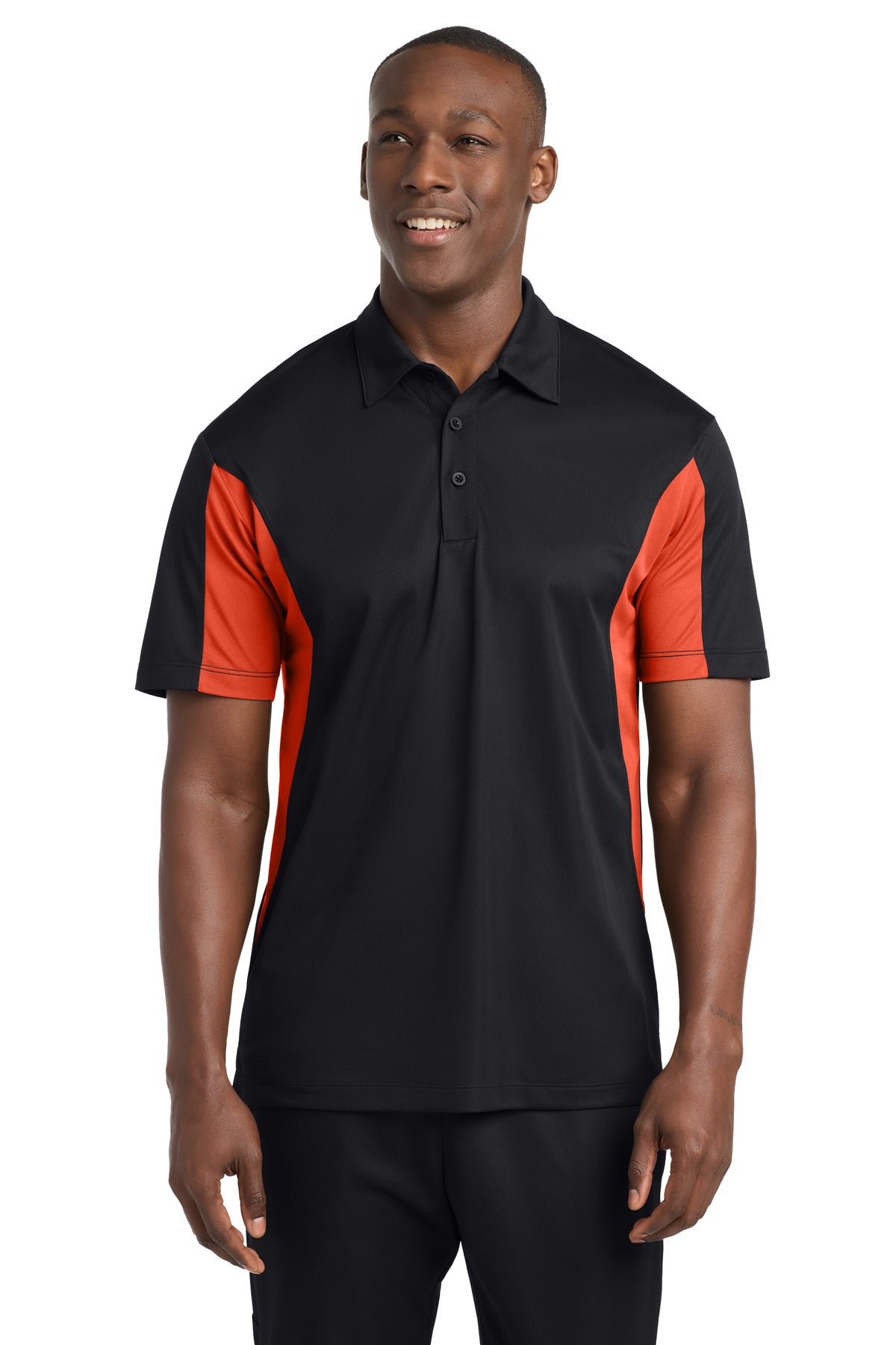Custom Black/ Deep Orange Blocked Micropique Sport-Wick Polo TST655, personalized by SanCanDo Swag in Argyle, TX