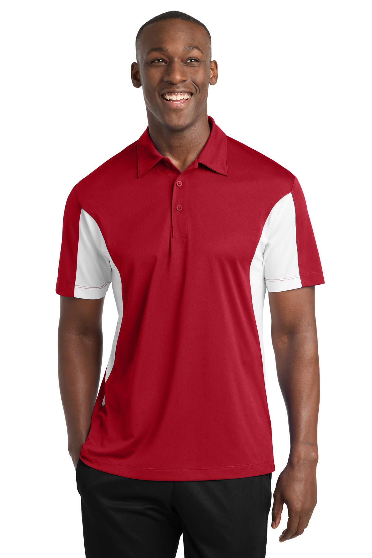Custom True Red/ White Blocked Micropique Sport-Wick Polo TST655, personalized by SanCanDo Swag in Argyle, TX
