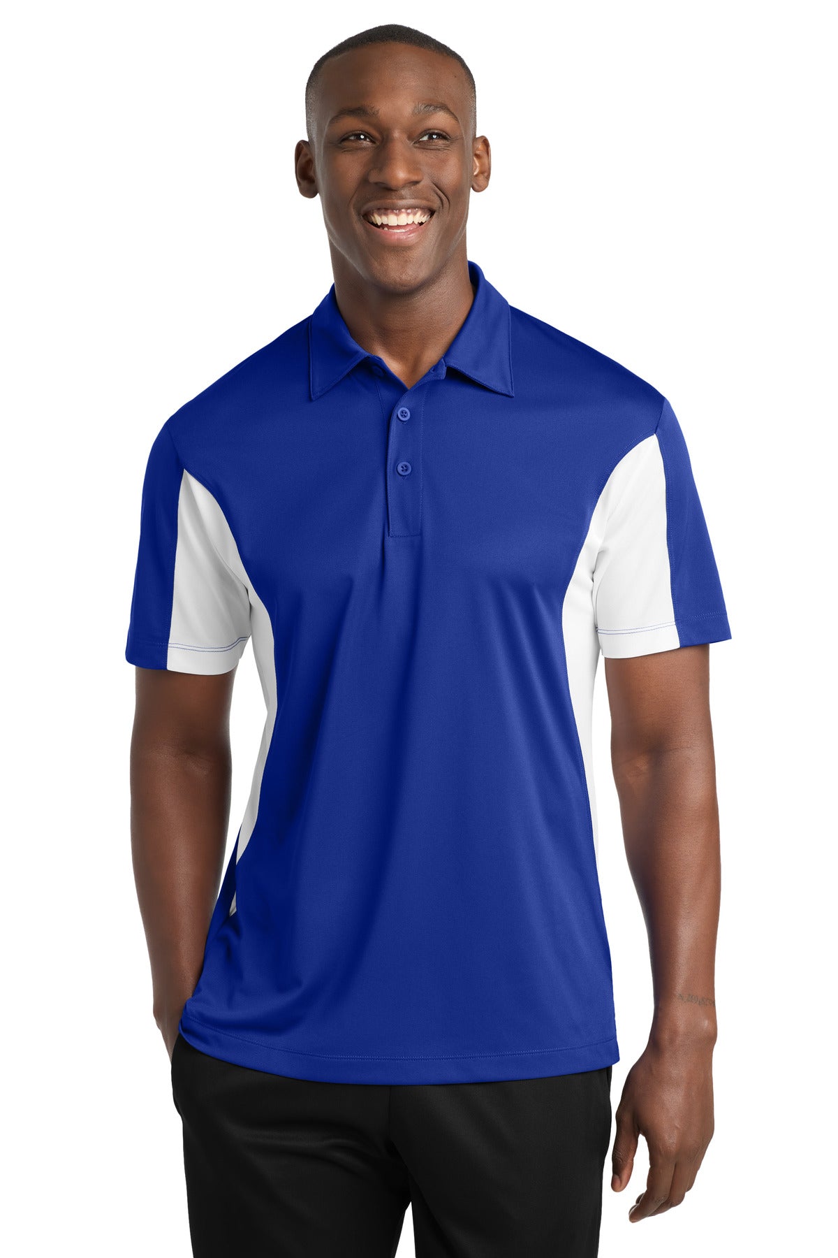 Custom True Royal/ White Blocked Micropique Sport-Wick Polo TST655, personalized by SanCanDo Swag in Argyle, TX