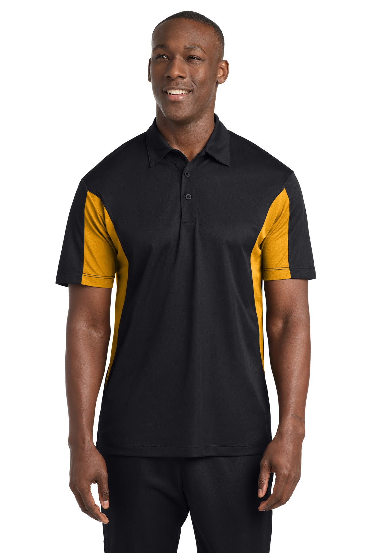 Custom Black/ Gold Blocked Micropique Sport-Wick Polo TST655, personalized by SanCanDo Swag in Argyle, TX
