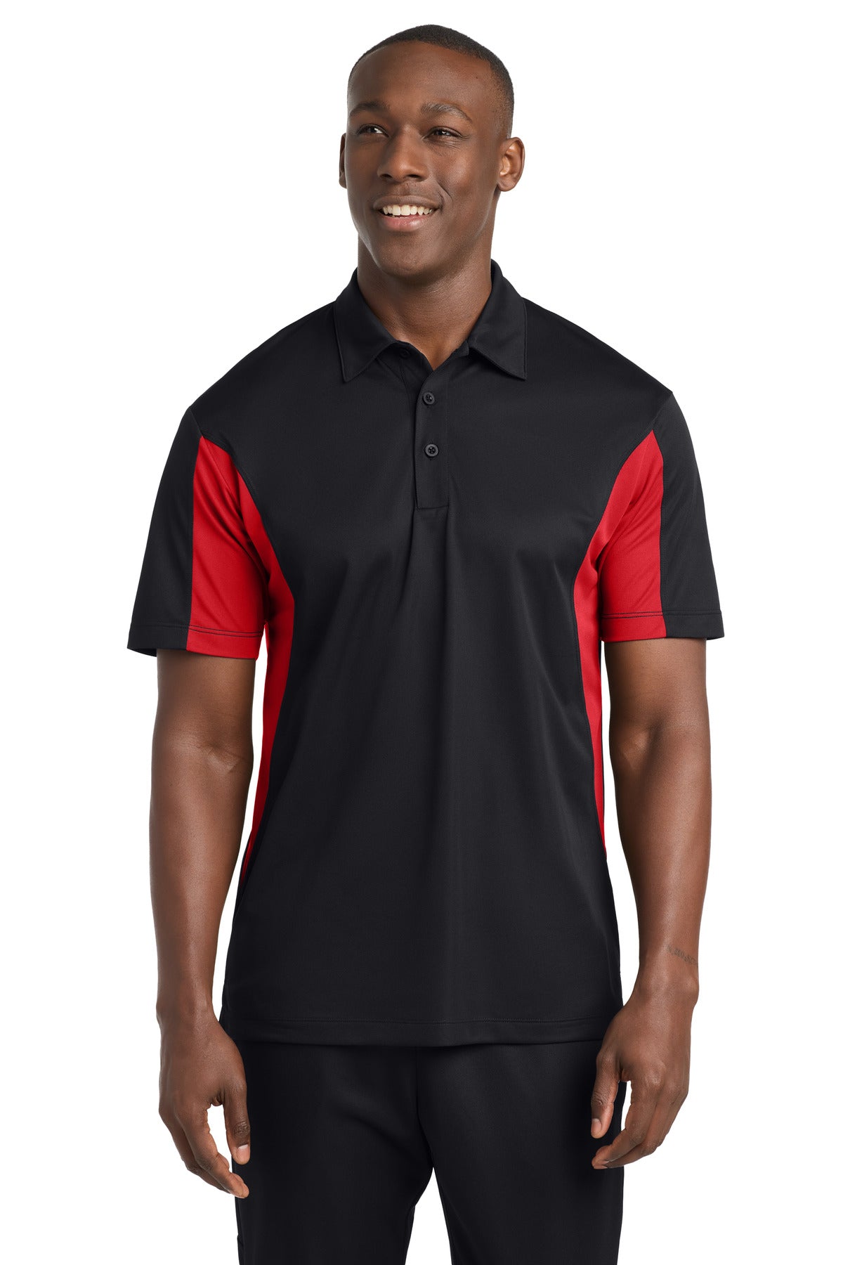 Custom Black/ True Red Blocked Micropique Sport-Wick Polo TST655, personalized by SanCanDo Swag in Argyle, TX