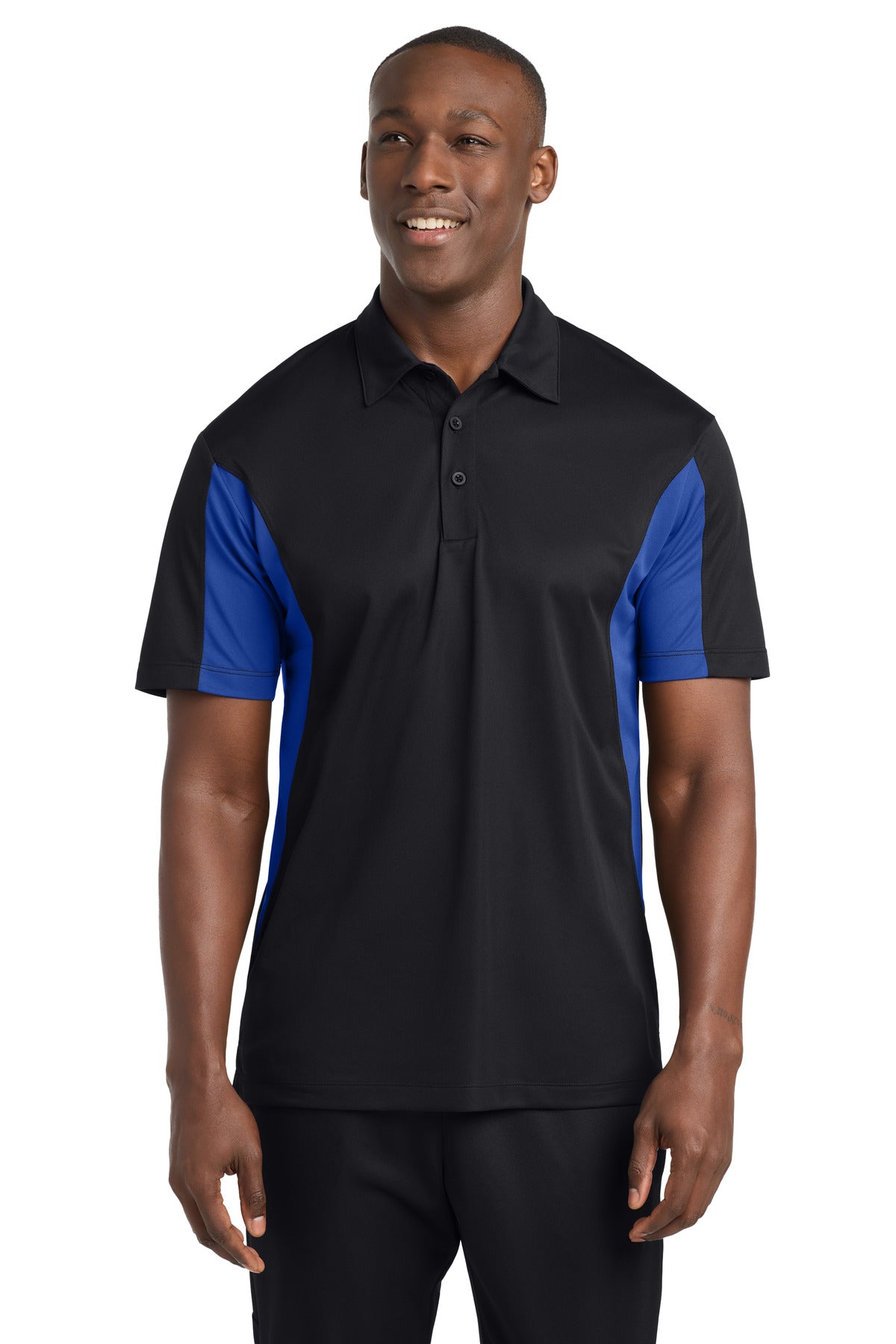 Custom Black/ True Royal Blocked Micropique Sport-Wick Polo TST655, personalized by SanCanDo Swag in Argyle, TX