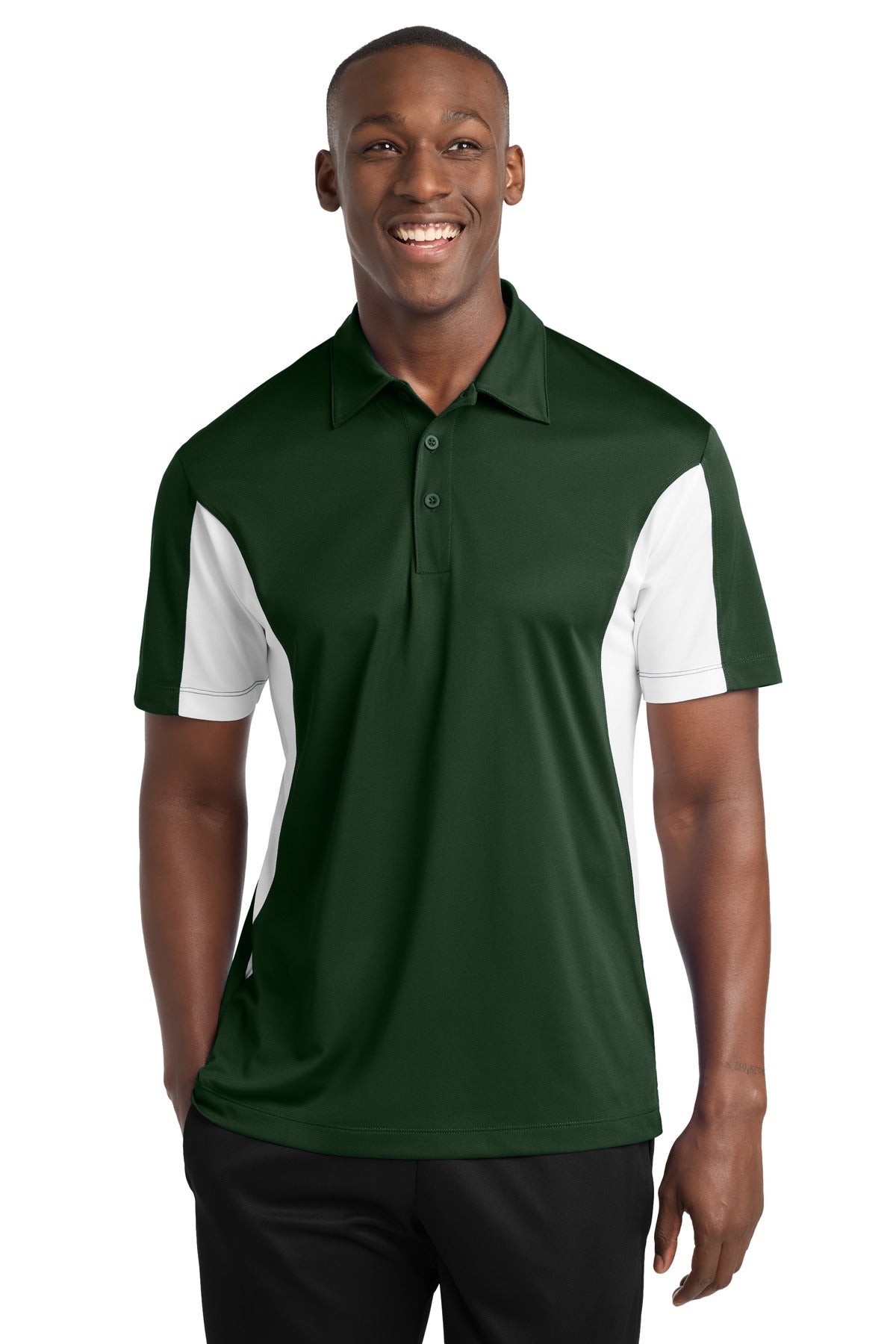 Custom Forest Green/ White Blocked Micropique Sport-Wick Polo TST655, personalized by SanCanDo Swag in Argyle, TX