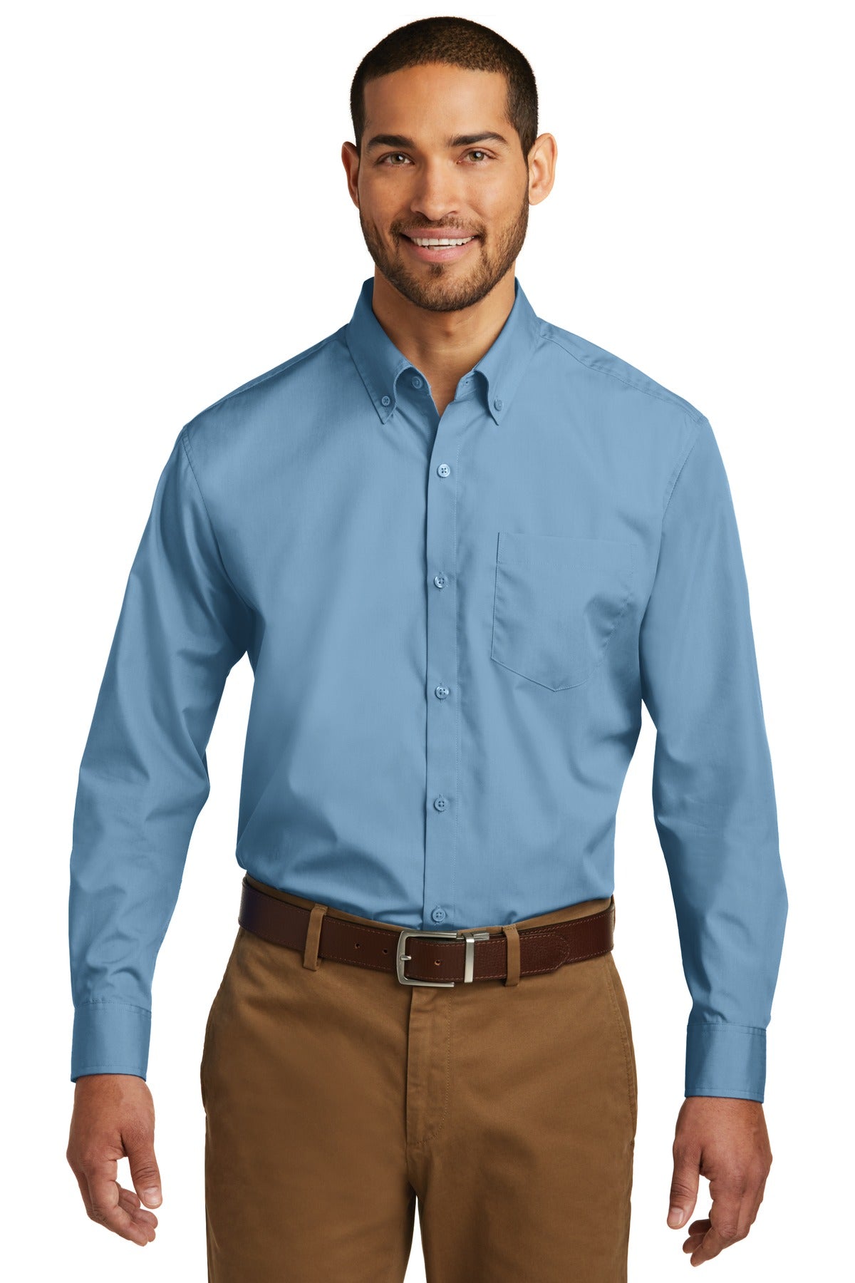 Custom Carolina Blue Long Sleeve Carefree Poplin Shirt W100, personalized by SanCanDo Swag in Argyle, TX
