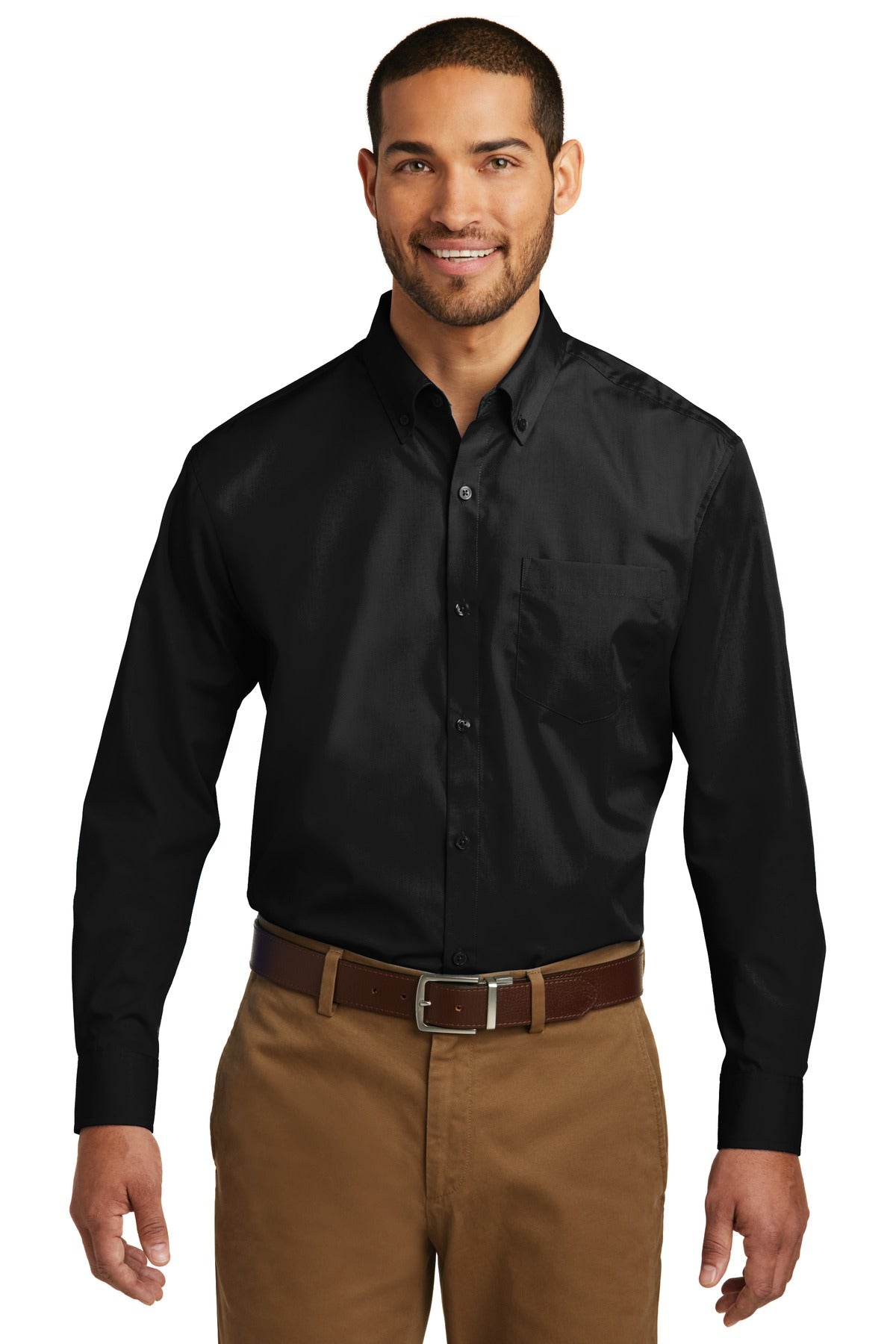Custom Deep Black Long Sleeve Carefree Poplin Shirt W100, personalized by SanCanDo Swag in Argyle, TX