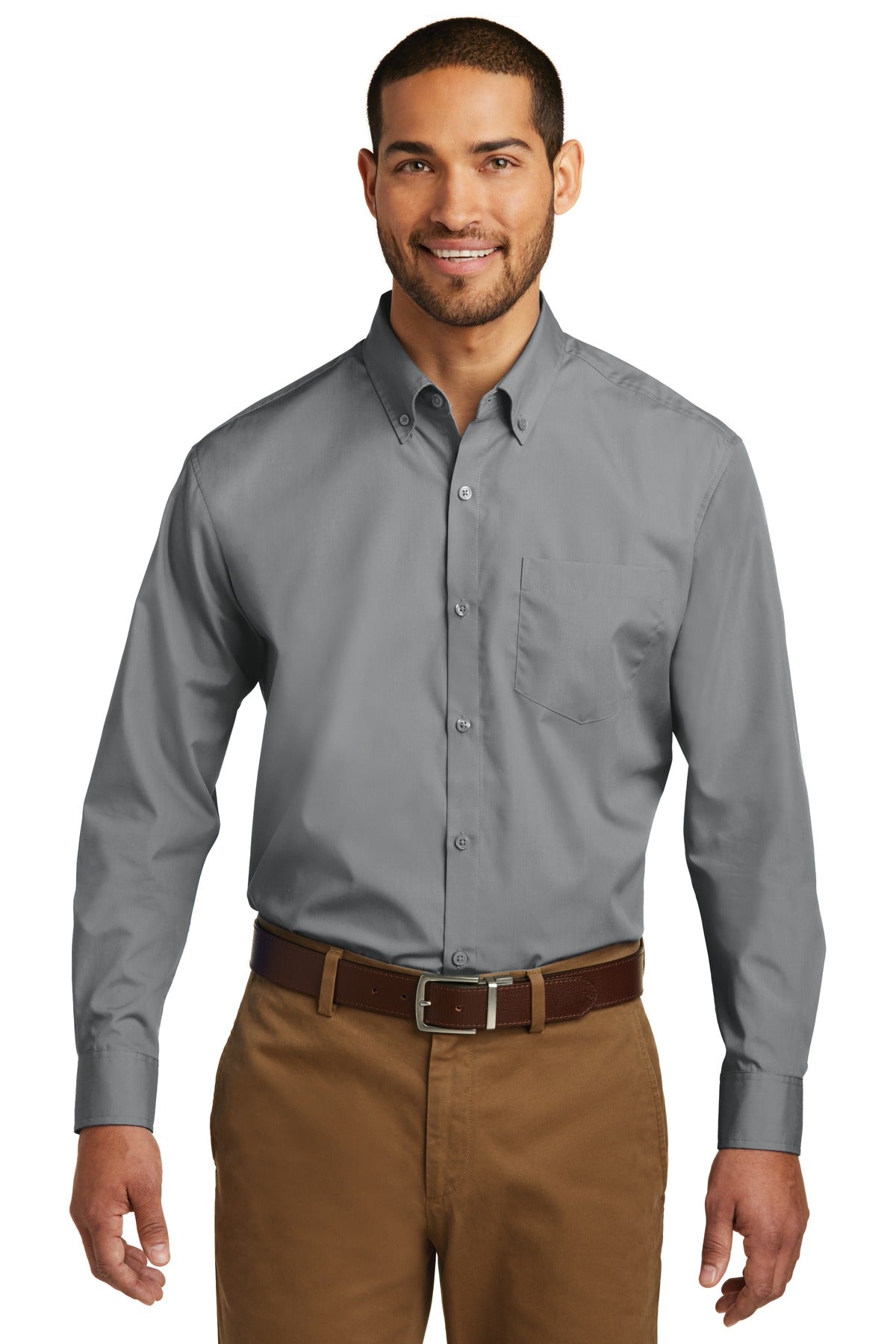 Custom Gusty Grey Long Sleeve Carefree Poplin Shirt W100, personalized by SanCanDo Swag in Argyle, TX