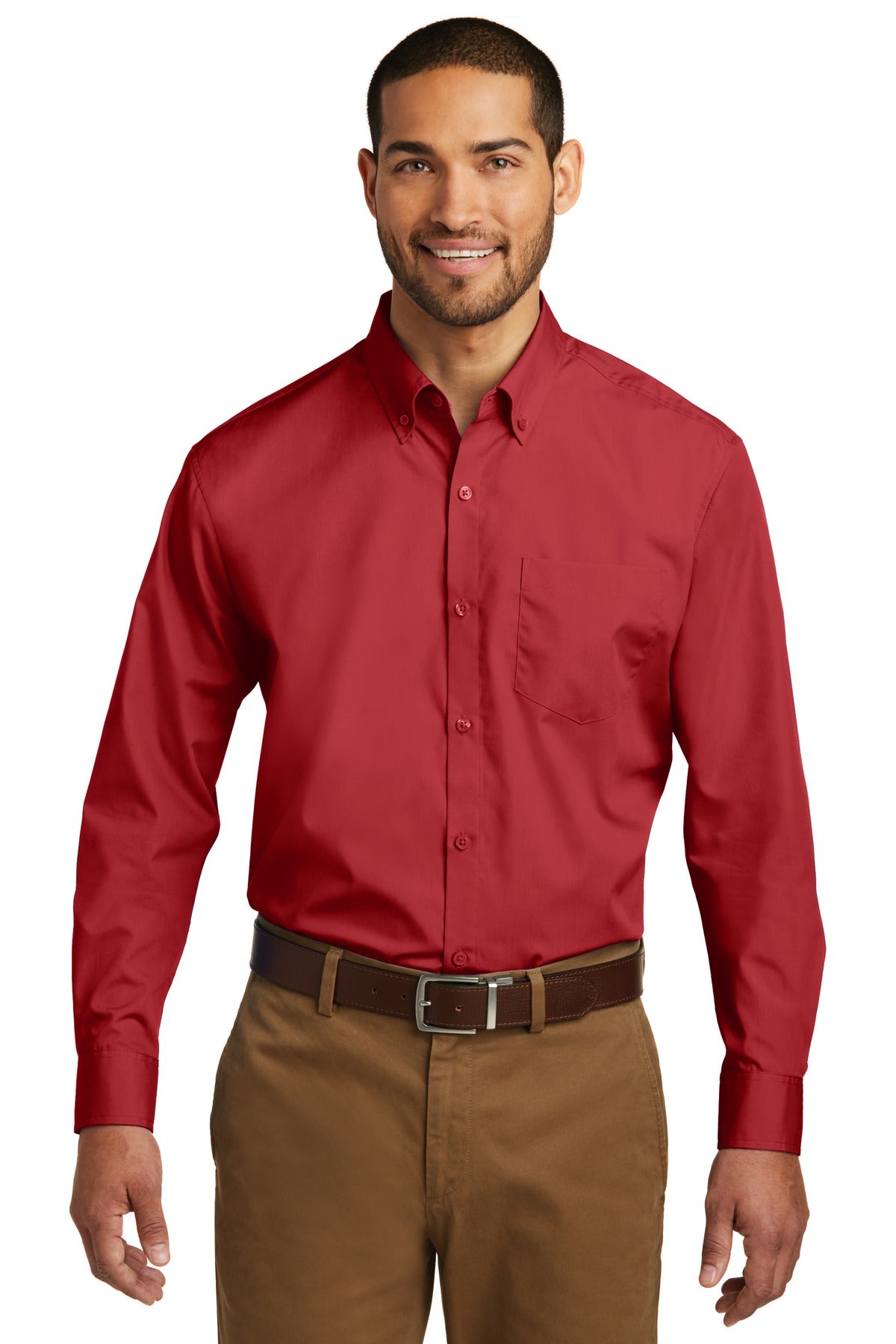 Custom Rich Red Long Sleeve Carefree Poplin Shirt W100, personalized by SanCanDo Swag in Argyle, TX