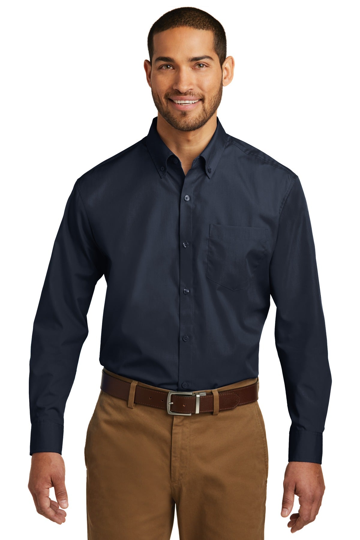 Custom River Blue Navy Long Sleeve Carefree Poplin Shirt W100, personalized by SanCanDo Swag in Argyle, TX