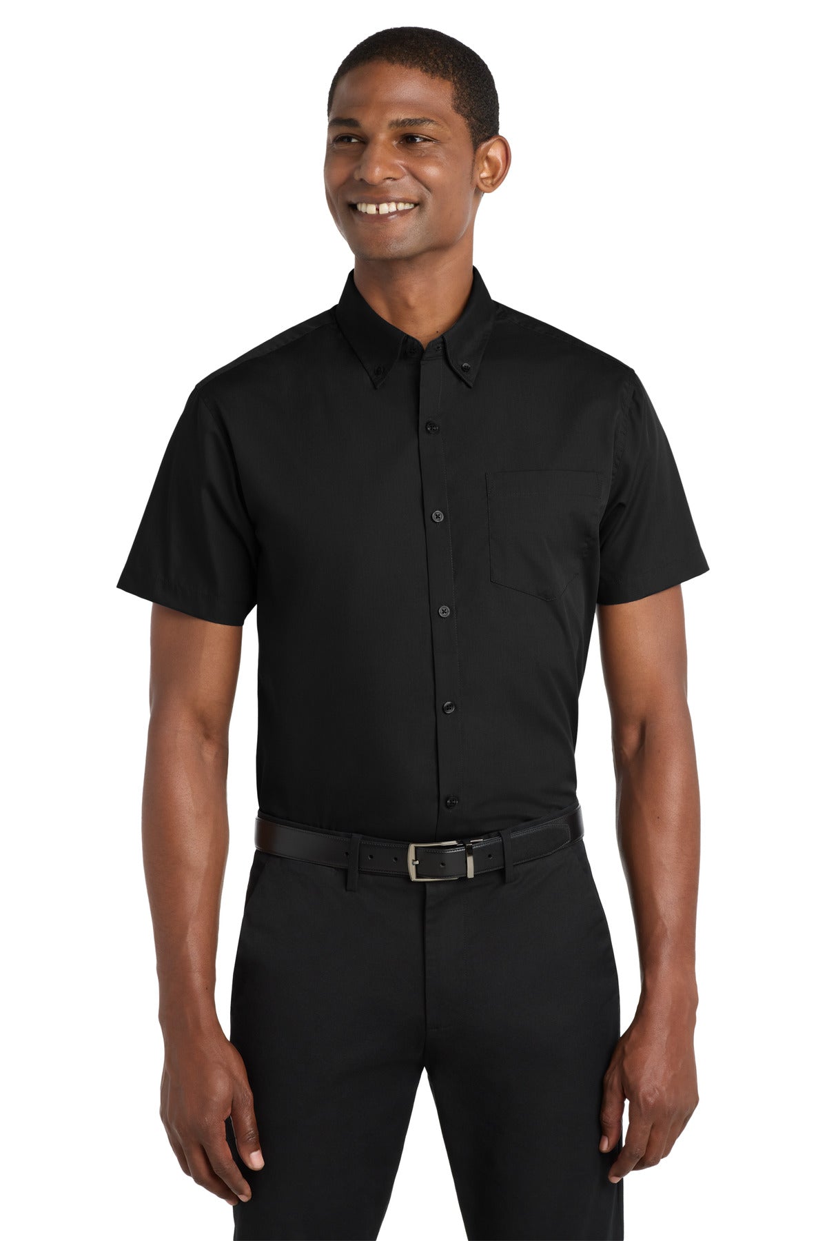 Custom Deep Black Short Sleeve Carefree Poplin Shirt W101, personalized by SanCanDo Swag in Argyle, TX