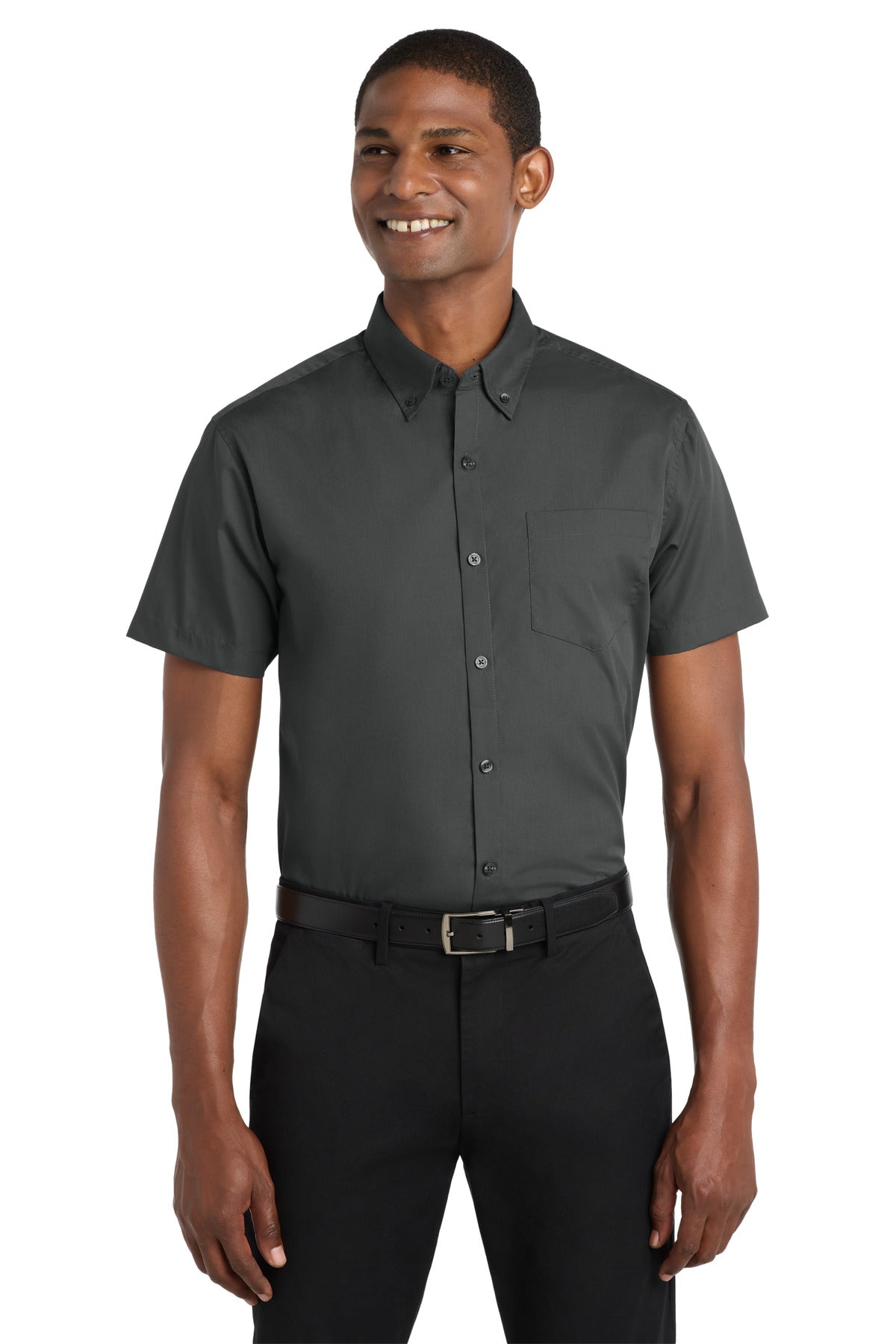 Custom Graphite Short Sleeve Carefree Poplin Shirt W101, personalized by SanCanDo Swag in Argyle, TX