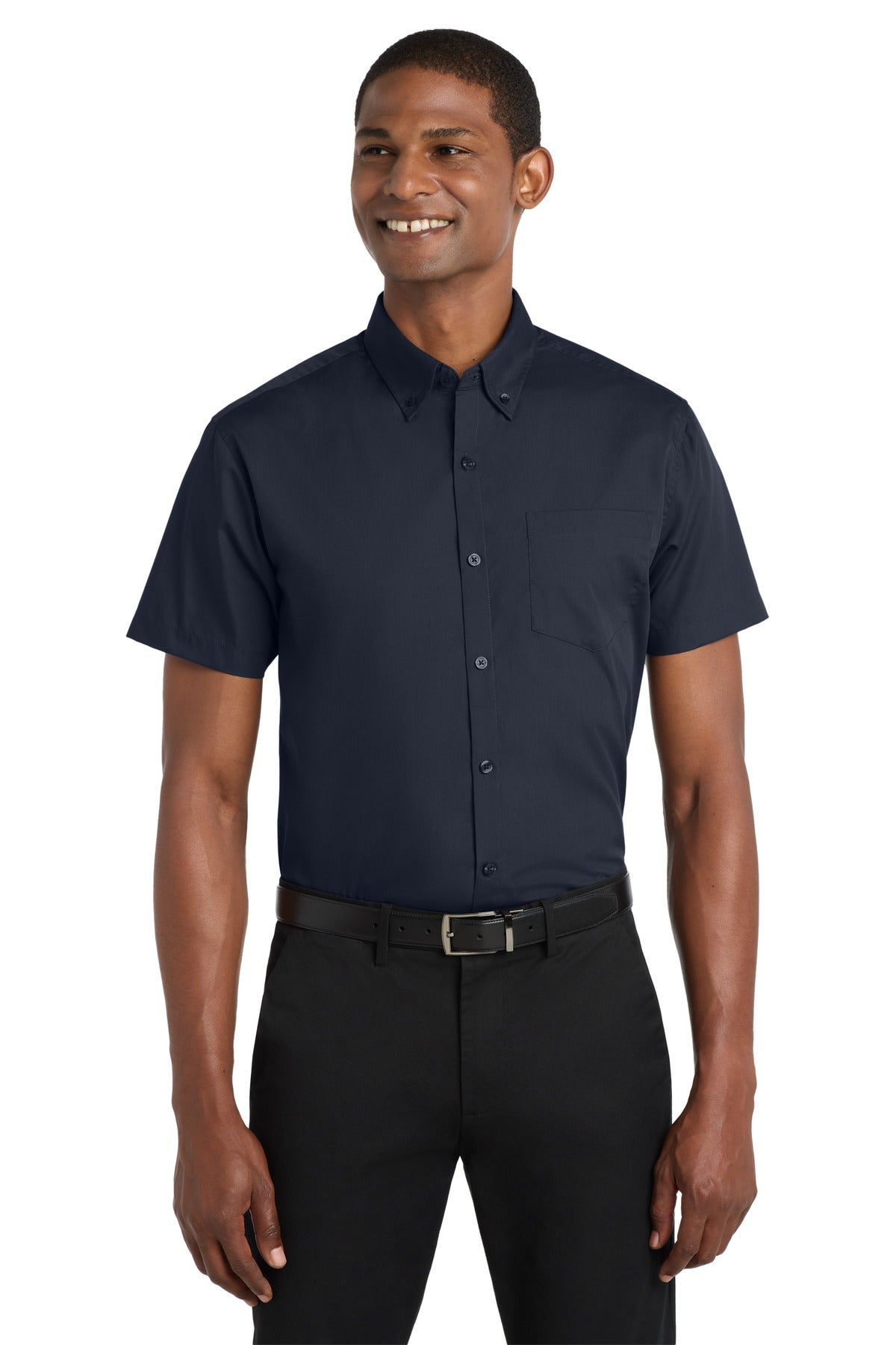 Custom River Blue Navy Short Sleeve Carefree Poplin Shirt W101, personalized by SanCanDo Swag in Argyle, TX