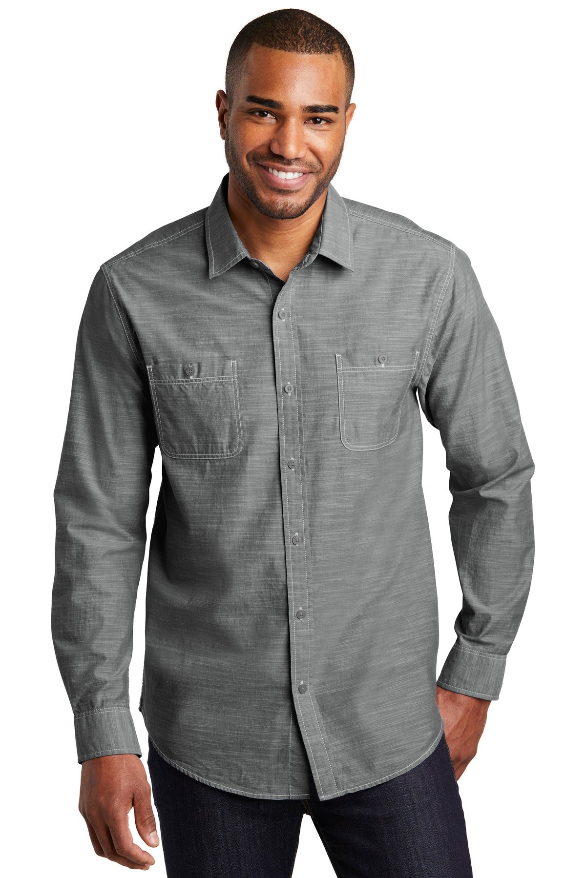 Custom Grey Slub Chambray Shirt W380, personalized by SanCanDo Swag in Argyle, TX