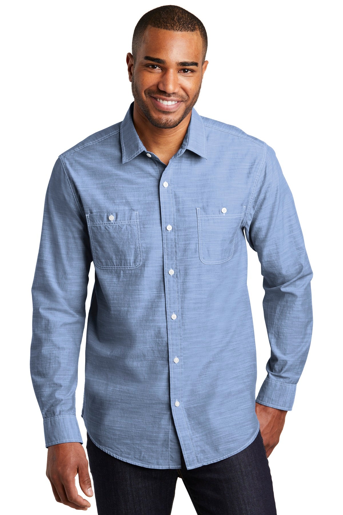 Custom Light Blue Slub Chambray Shirt W380, personalized by SanCanDo Swag in Argyle, TX