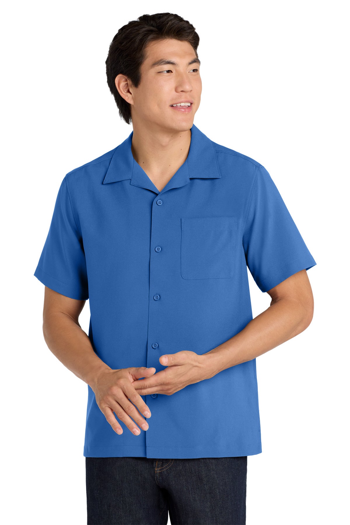 Custom True Blue Short Sleeve Performance Staff Shirt W400, personalized by SanCanDo Swag in Argyle, TX