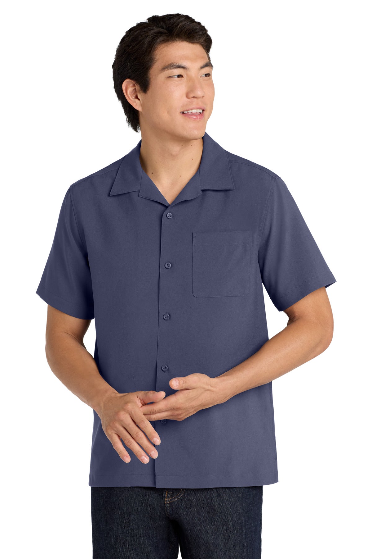 Custom True Navy Short Sleeve Performance Staff Shirt W400, personalized by SanCanDo Swag in Argyle, TX