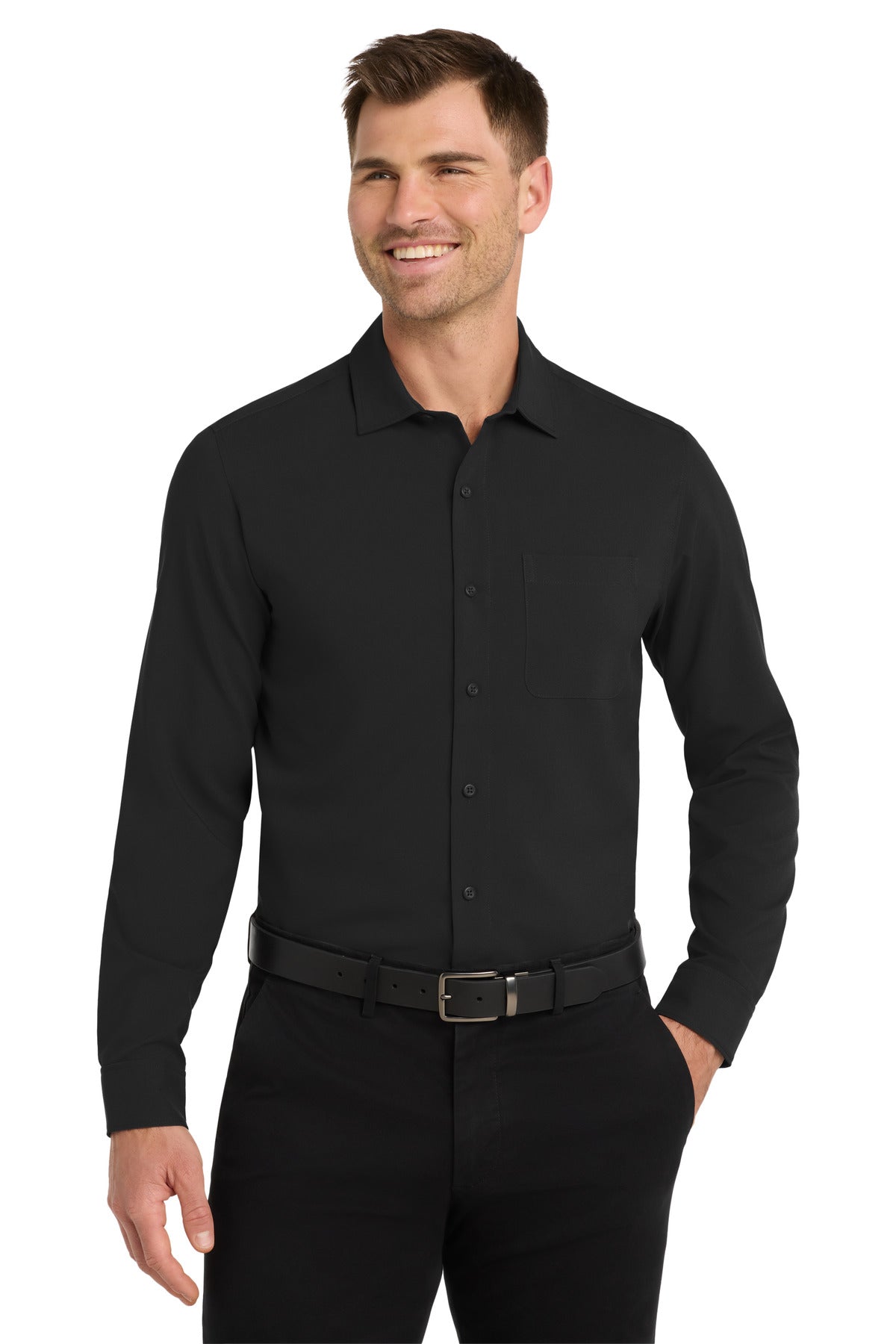 Custom Black Long Sleeve Performance Staff Shirt W401, personalized by SanCanDo Swag in Argyle, TX