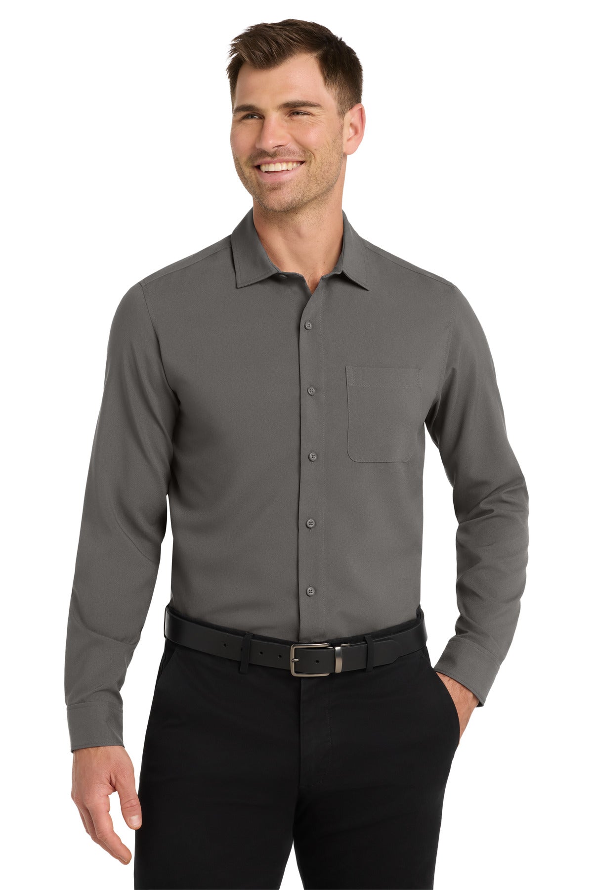 Custom Graphite Long Sleeve Performance Staff Shirt W401, personalized by SanCanDo Swag in Argyle, TX