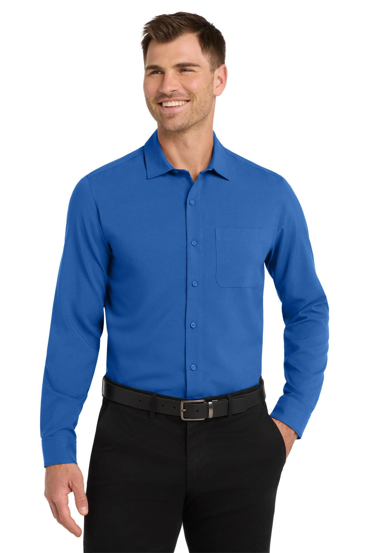 Custom True Blue Long Sleeve Performance Staff Shirt W401, personalized by SanCanDo Swag in Argyle, TX