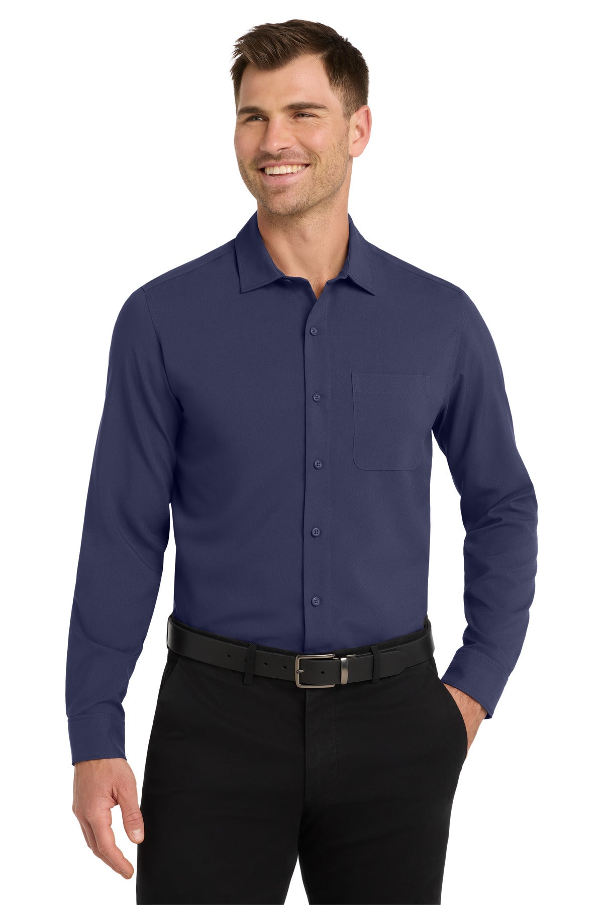 Custom True Navy Long Sleeve Performance Staff Shirt W401, personalized by SanCanDo Swag in Argyle, TX
