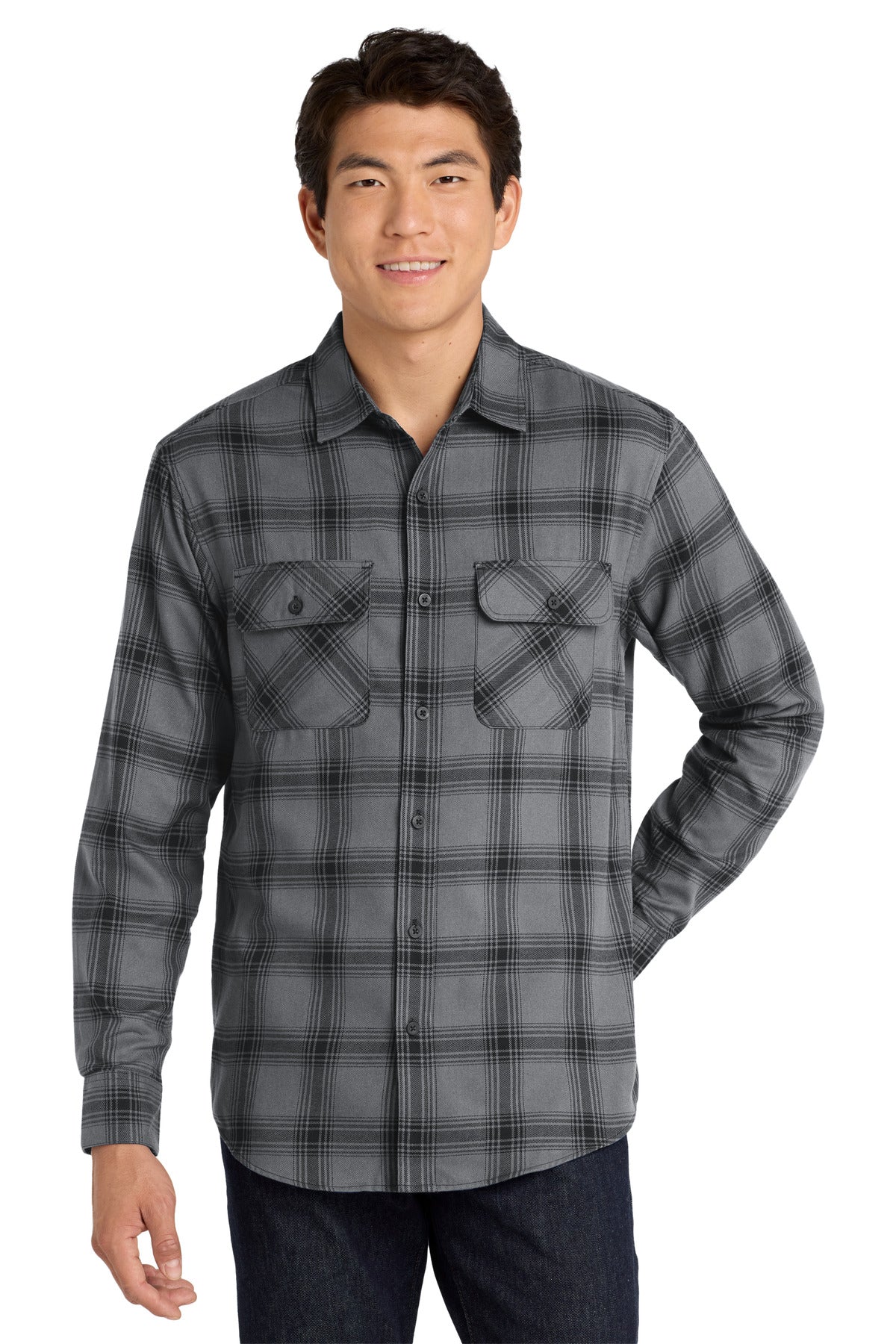 Custom Grey/ Black Open Plaid Plaid Flannel Shirt W668, personalized by SanCanDo Swag in Argyle, TX