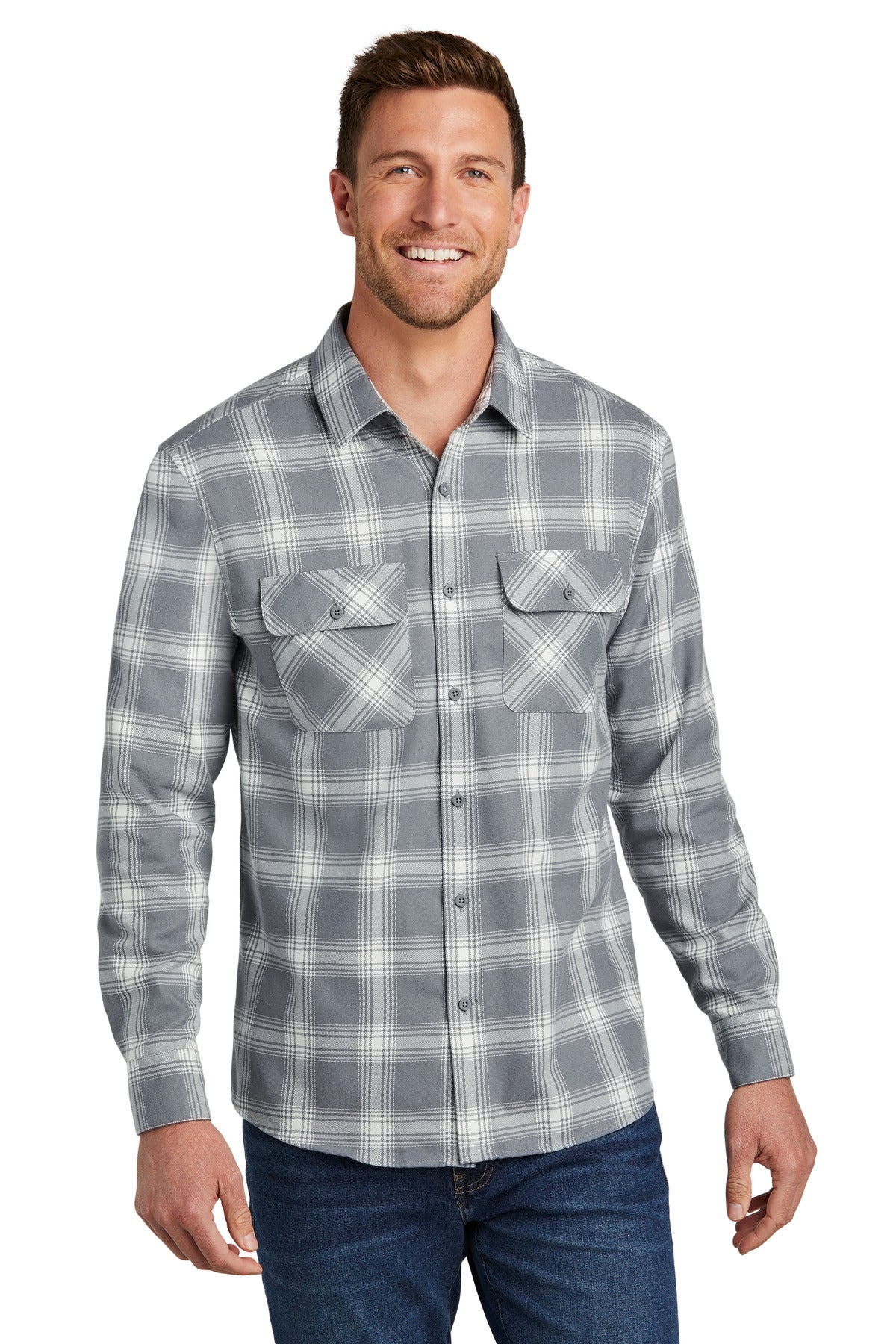 Custom Grey/ Cream Open Plaid Plaid Flannel Shirt W668, personalized by SanCanDo Swag in Argyle, TX