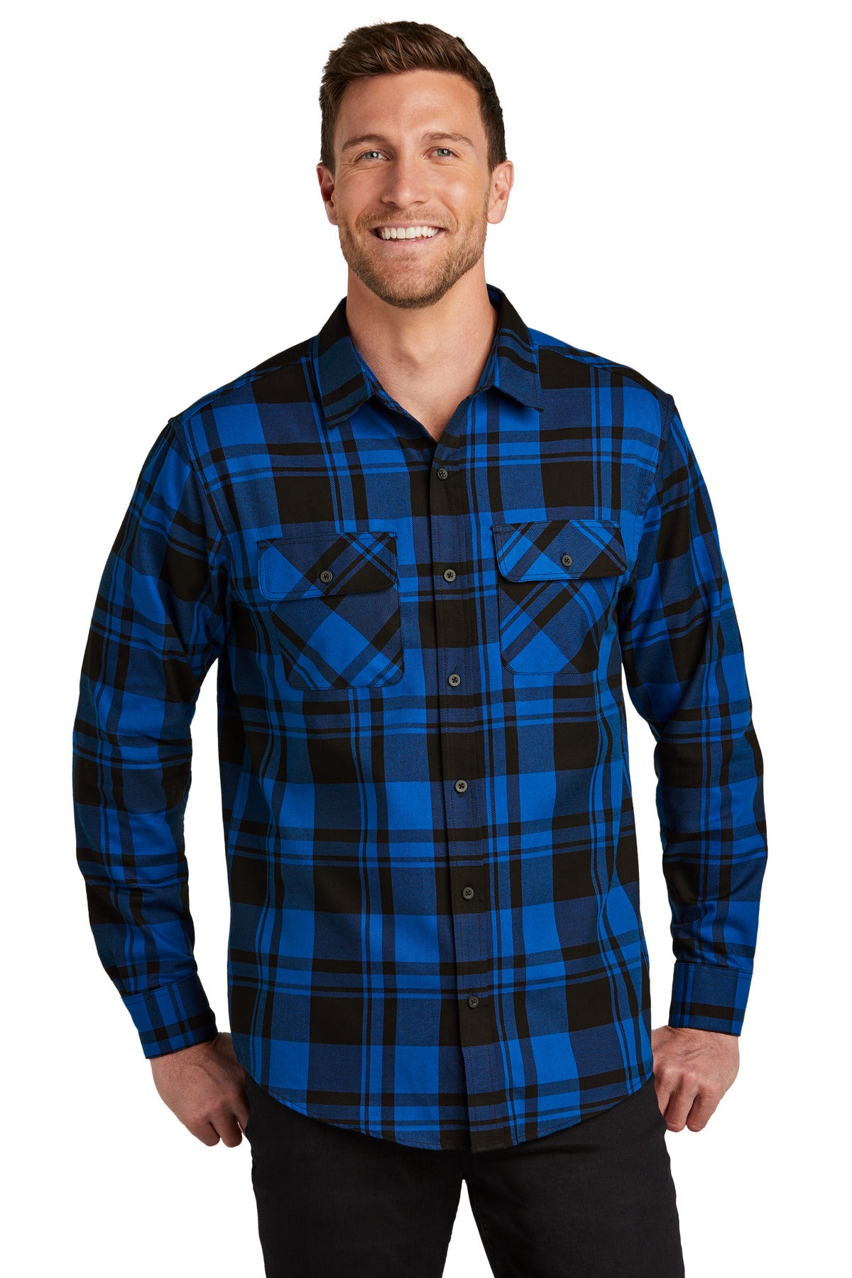 Custom Royal/ Black Plaid Flannel Shirt W668, personalized by SanCanDo Swag in Argyle, TX
