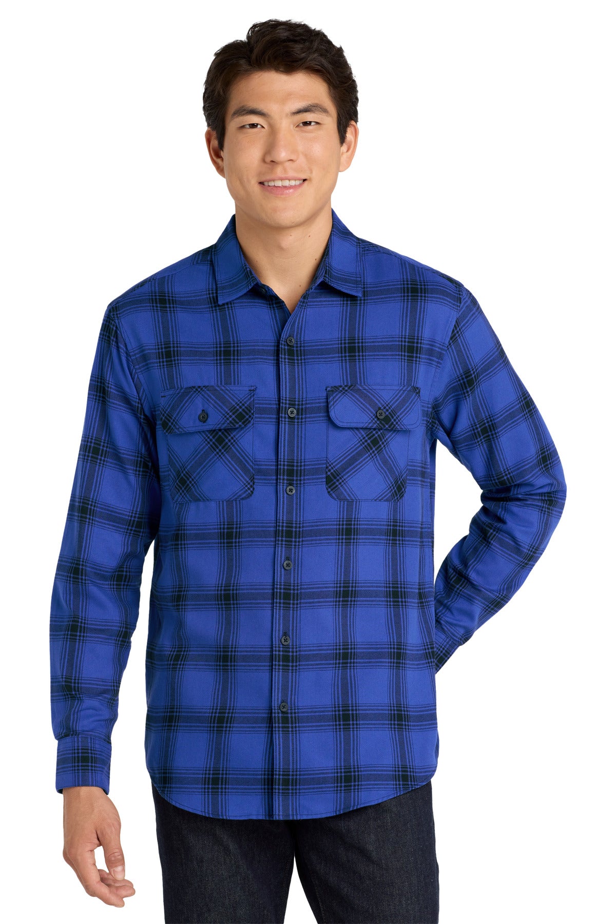 Custom Royal/ Black Open Plaid Plaid Flannel Shirt W668, personalized by SanCanDo Swag in Argyle, TX